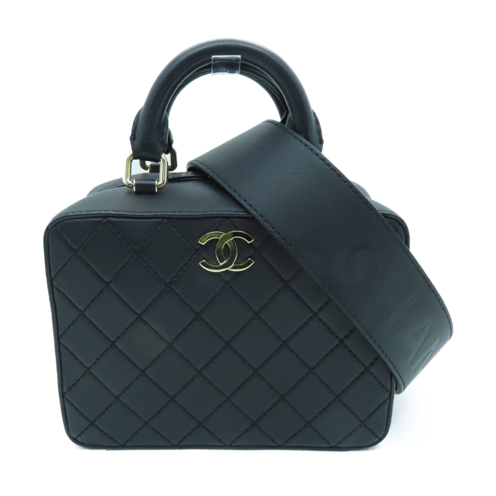 CHANEL cowhide leather Shoulder Bag gold buckle handle shoulder bag black