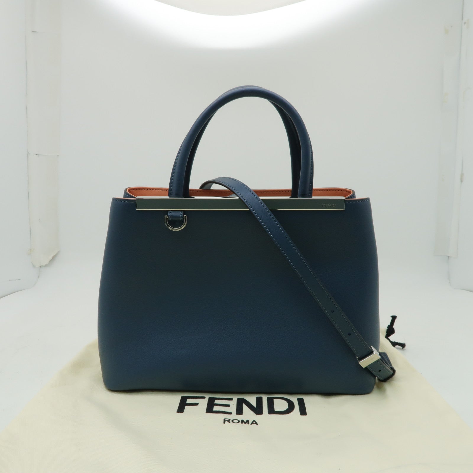 FENDI 牛皮皮革Shoulder Tote銀扣手挽肩背兩用袋藍色