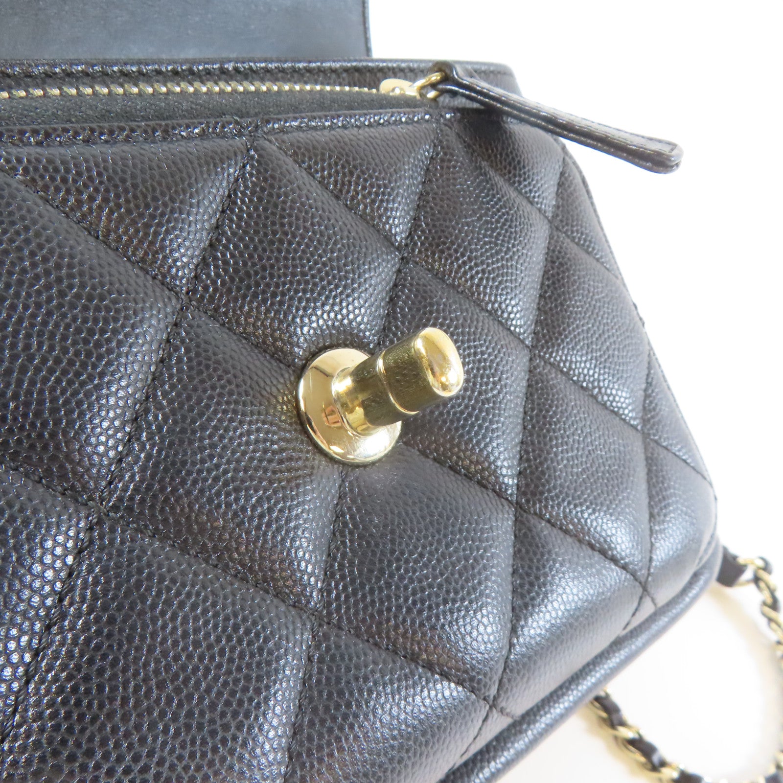 CHANEL 菱格Caviar皮革2 Way Shoulder金扣手挽肩背兩用袋黑色