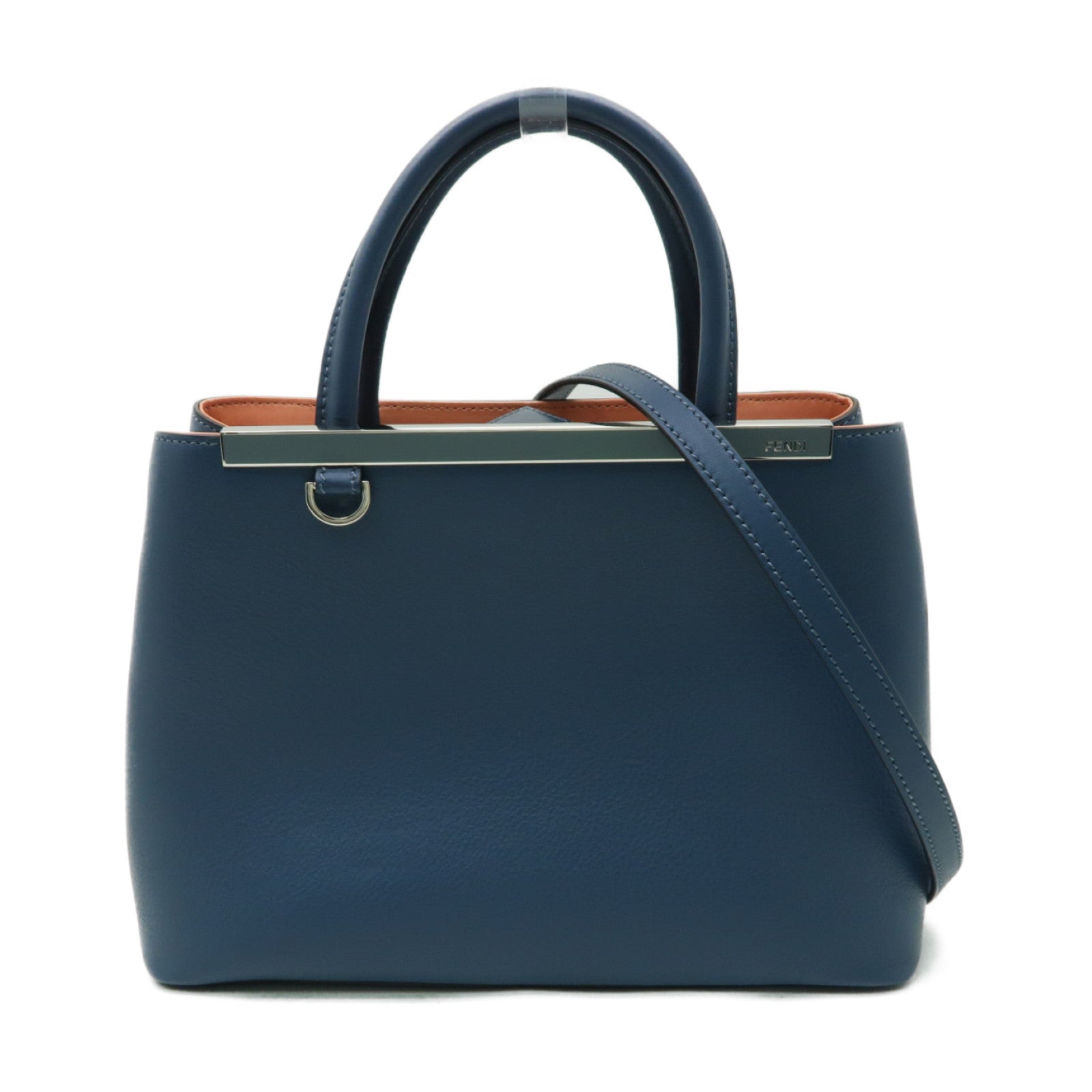 FENDI 牛皮皮革Shoulder Tote銀扣手挽肩背兩用袋藍色