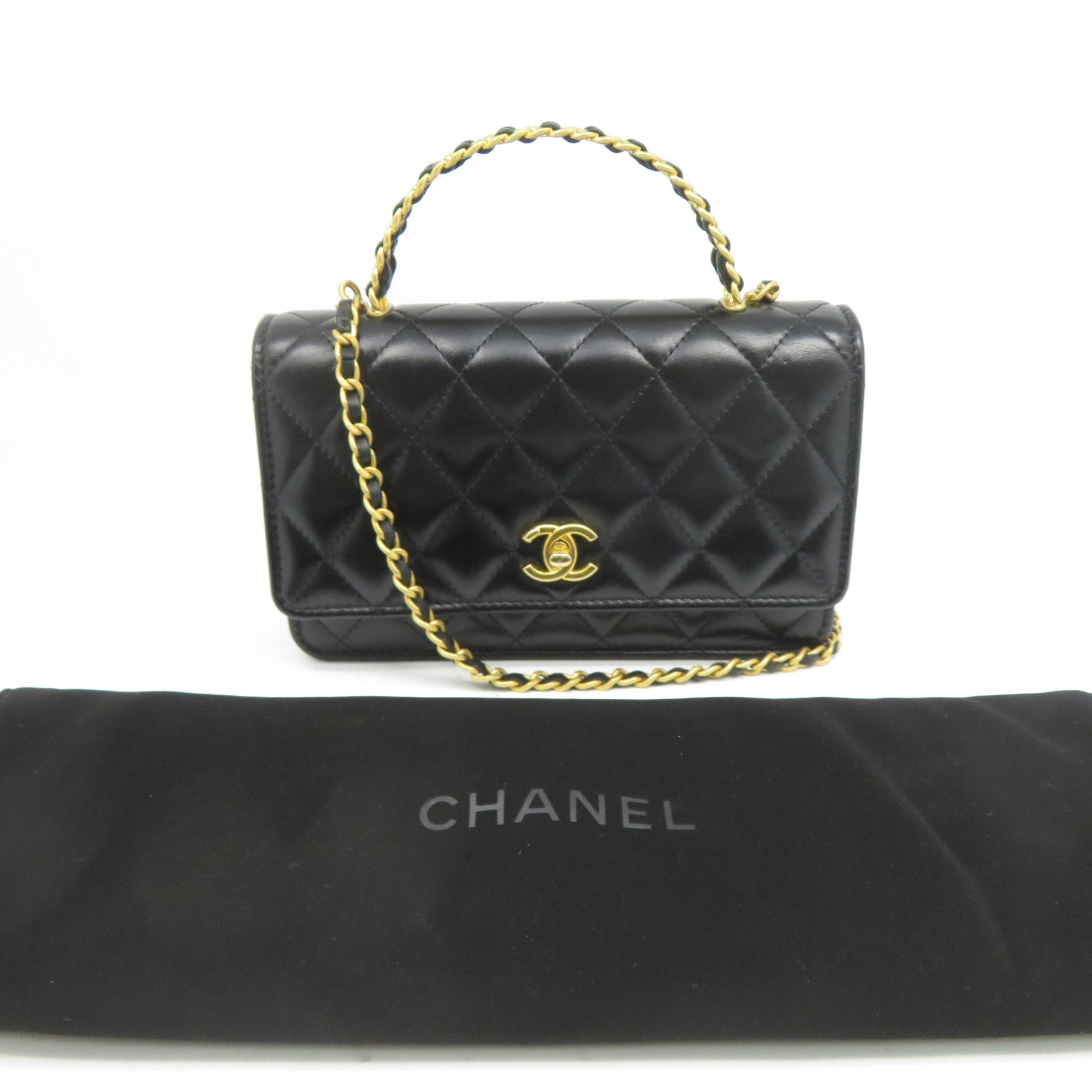 CHANEL 菱格羊皮皮革2 Way Chain Shoulder金扣鏈帶手挽肩背兩用袋黑色