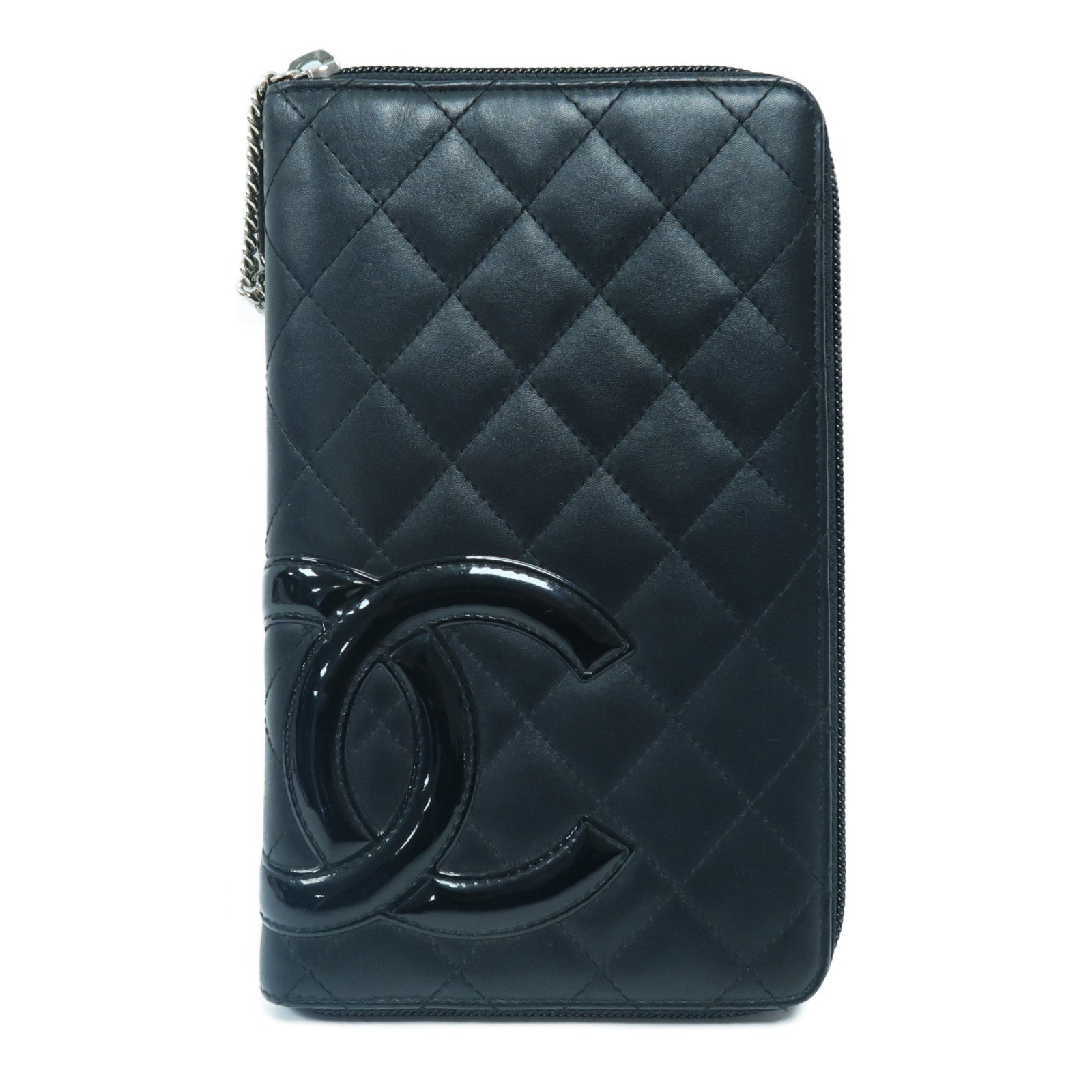 CHANEL 菱格牛皮皮革Travel Long Wallet銀扣長錢包黑色