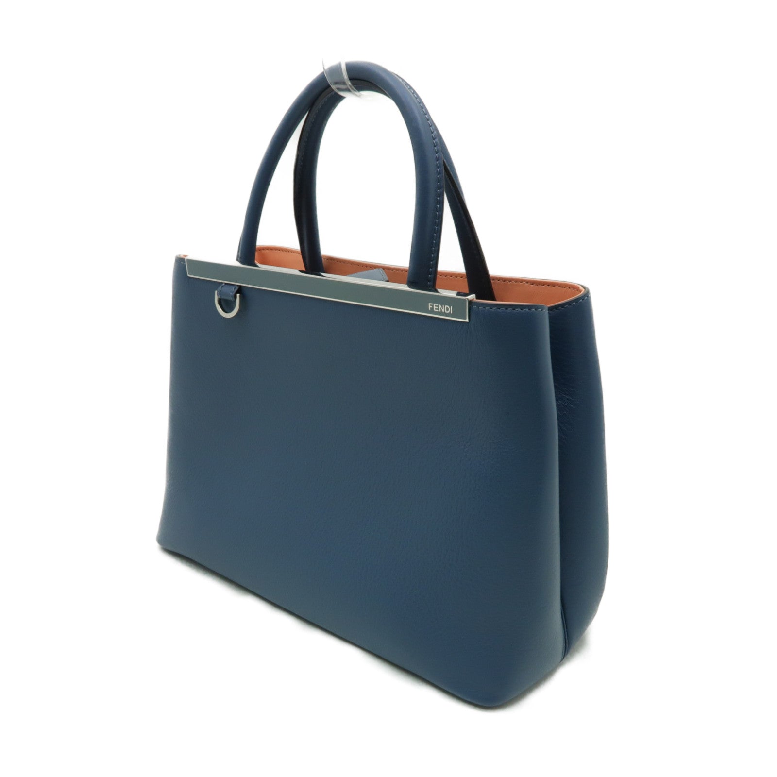 FENDI 牛皮皮革Shoulder Tote銀扣手挽肩背兩用袋藍色