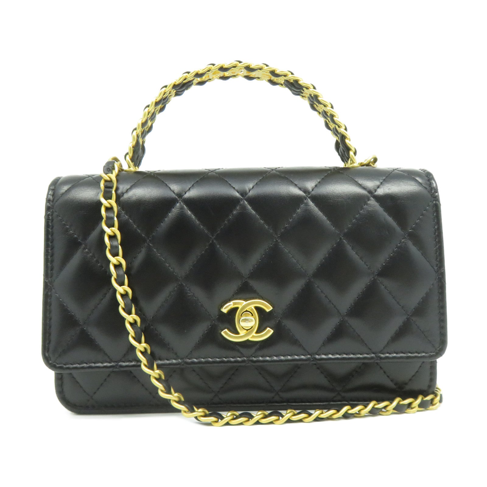 CHANEL 菱格羊皮皮革2 Way Chain Shoulder金扣鏈帶手挽肩背兩用袋黑色