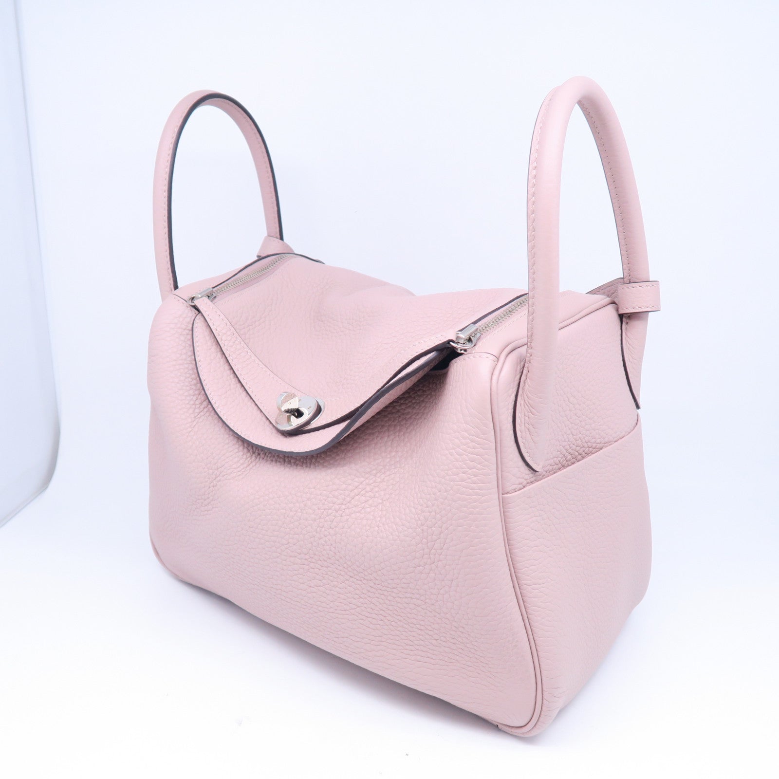 HERMES Taurillon Clemence皮革Lindy 30银扣手挽肩背两用袋粉红色