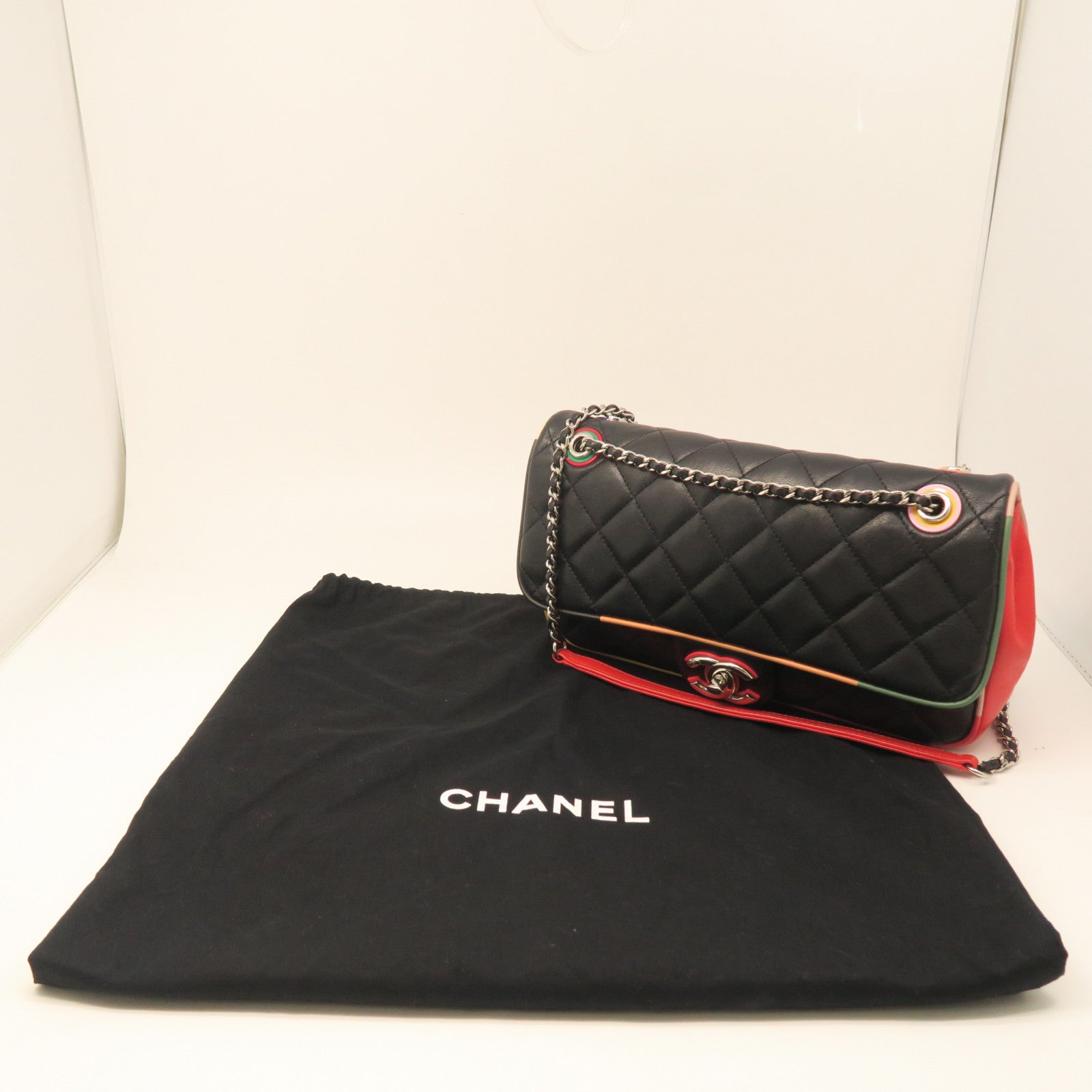 CHANEL Sheepskin Leather Shoulder Bag Silver Buckle Black/Color