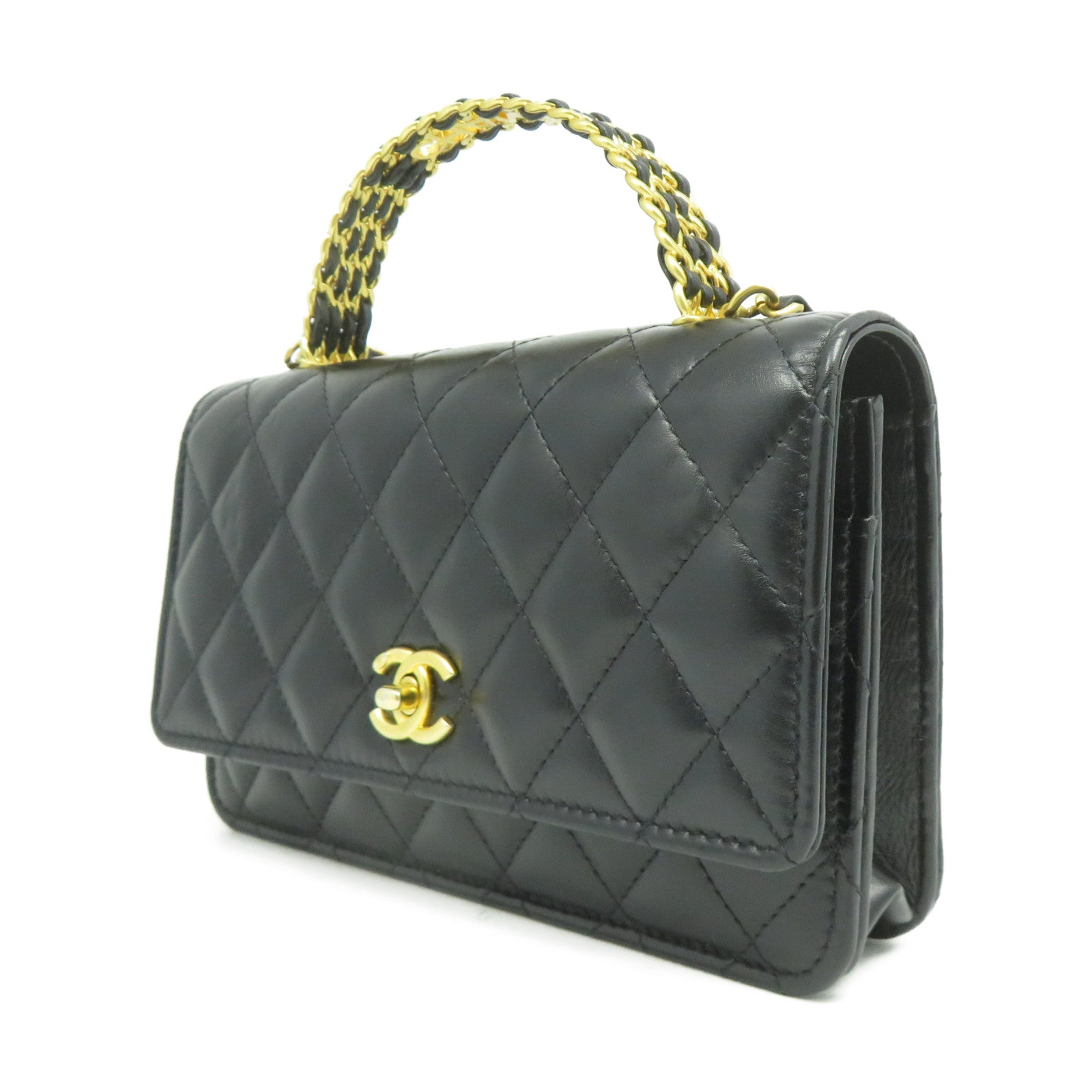 CHANEL 菱格羊皮皮革2 Way Chain Shoulder金扣鏈帶手挽肩背兩用袋黑色