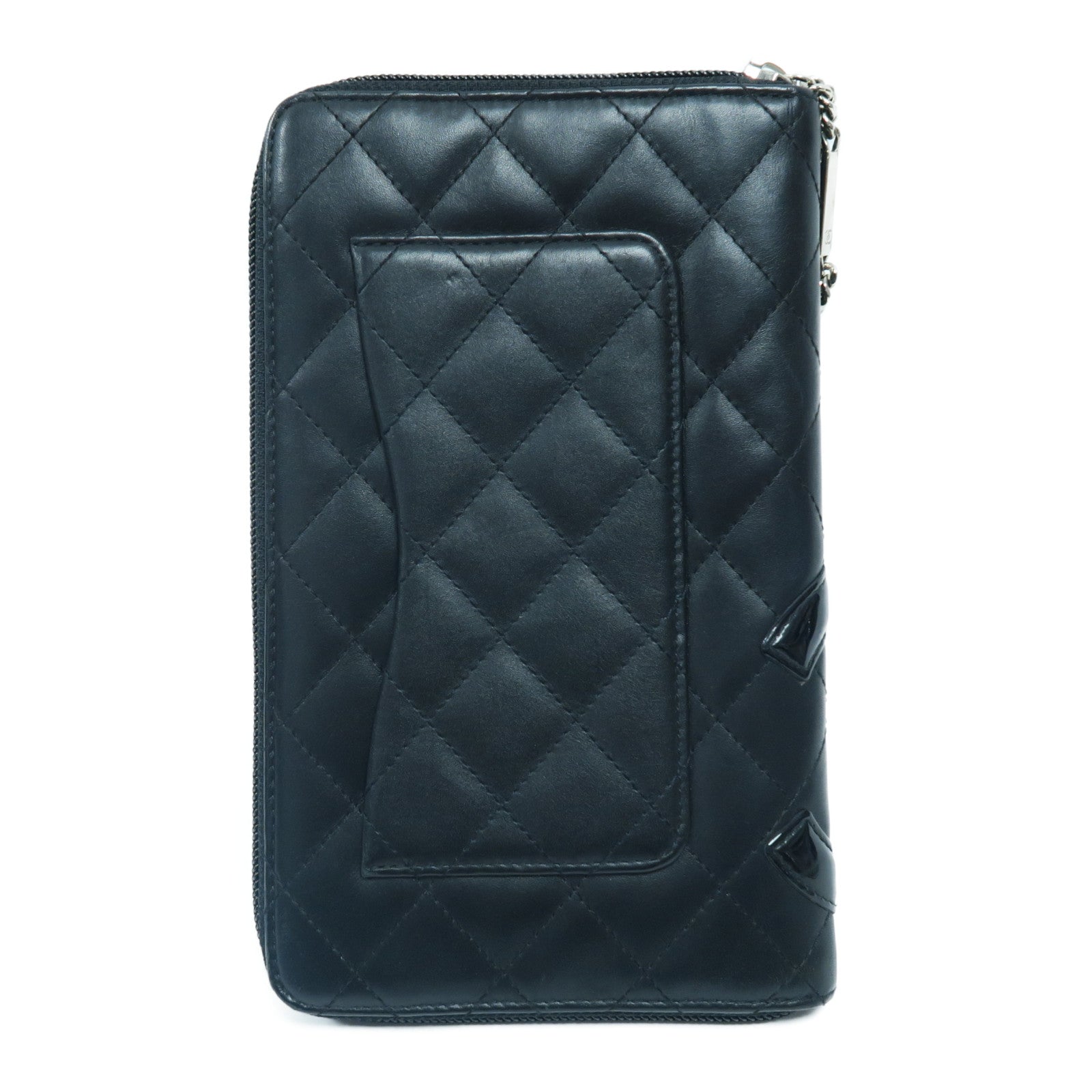 CHANEL 菱格牛皮皮革Travel Long Wallet銀扣長錢包黑色
