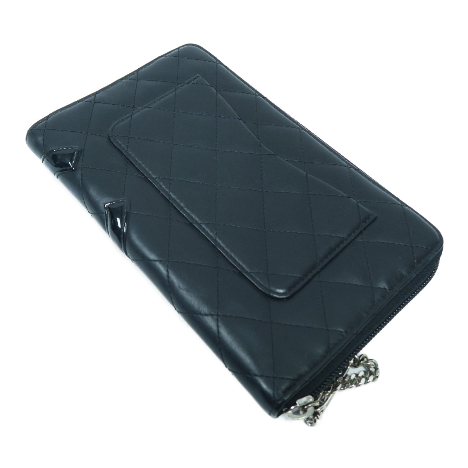 CHANEL 菱格牛皮皮革Travel Long Wallet銀扣長錢包黑色