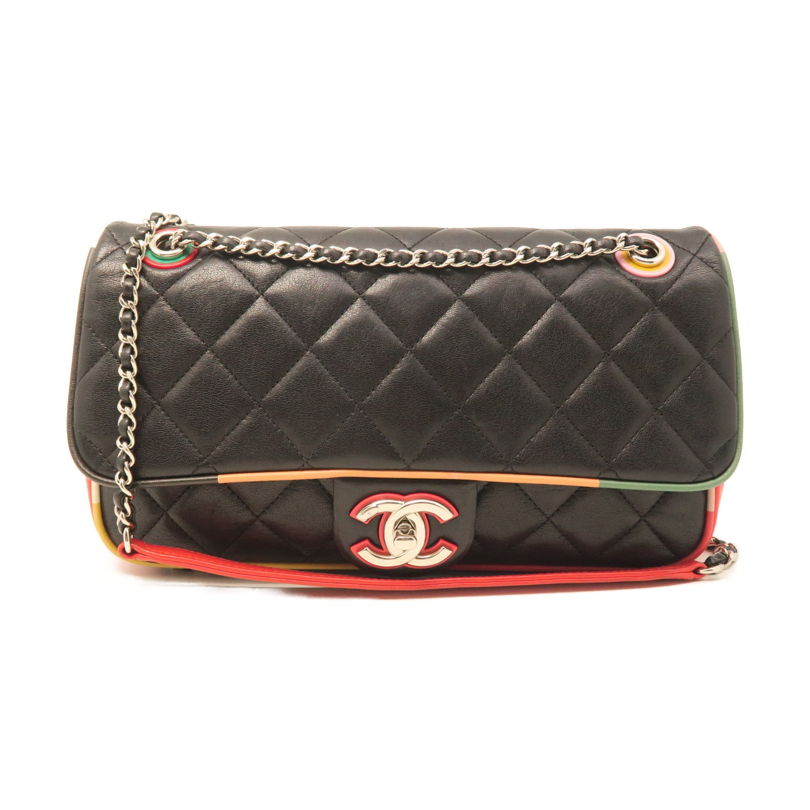 CHANEL Sheepskin Leather Shoulder Bag Silver Buckle Black/Color