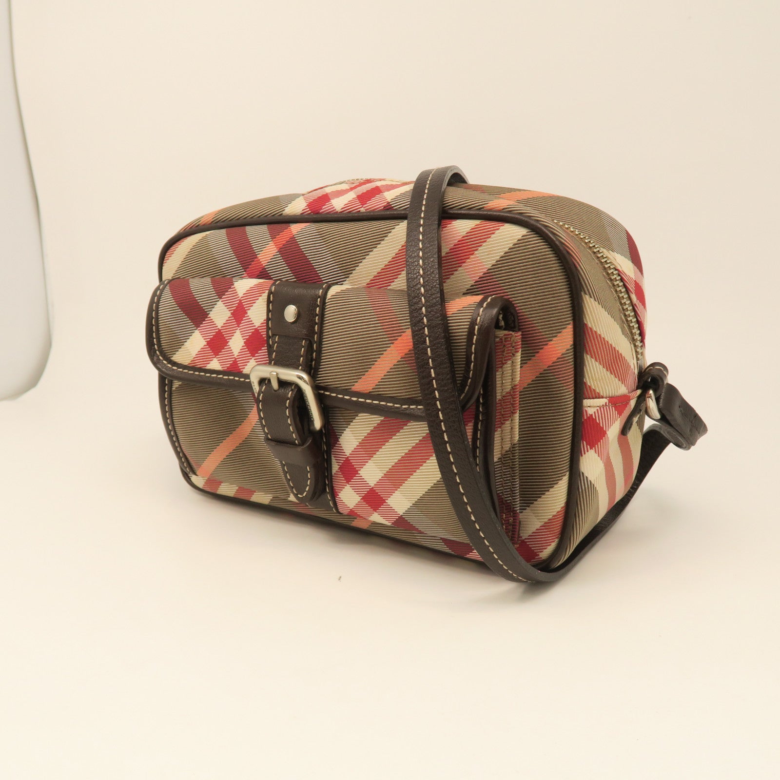 BURBERRY Canvas Shoulder Bag Silver Buckle Pink/Grey
