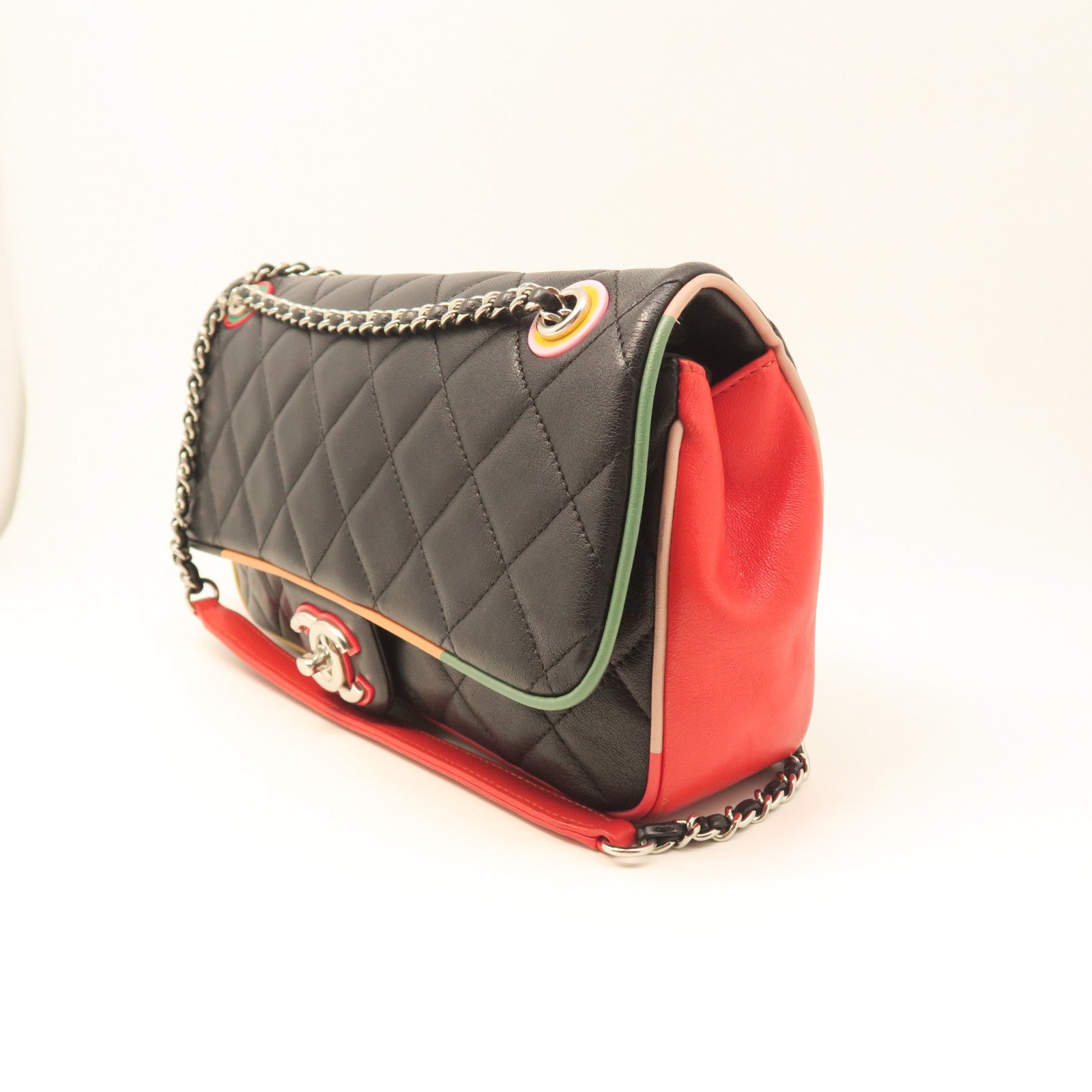 CHANEL Sheepskin Leather Shoulder Bag Silver Buckle Black/Color