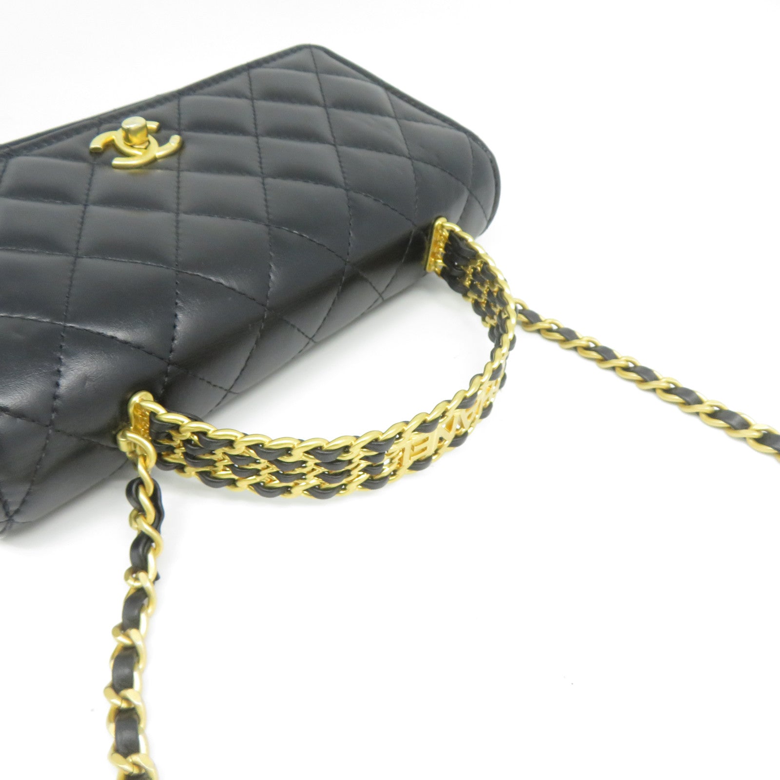 CHANEL 菱格羊皮皮革2 Way Chain Shoulder金扣鏈帶手挽肩背兩用袋黑色