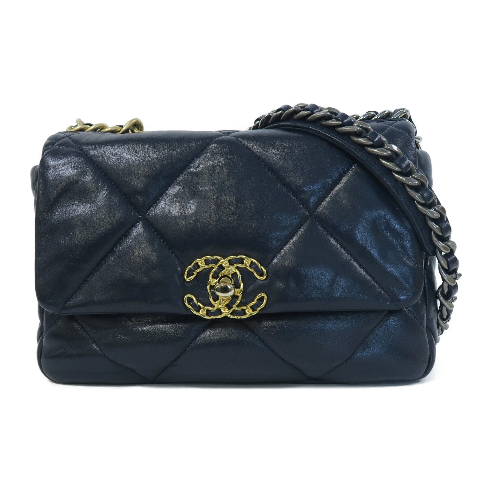 CHANEL 菱格皮革Chanel 19 Chain Shoulder金扣/銀扣鏈帶手挽肩背兩用袋深藍色