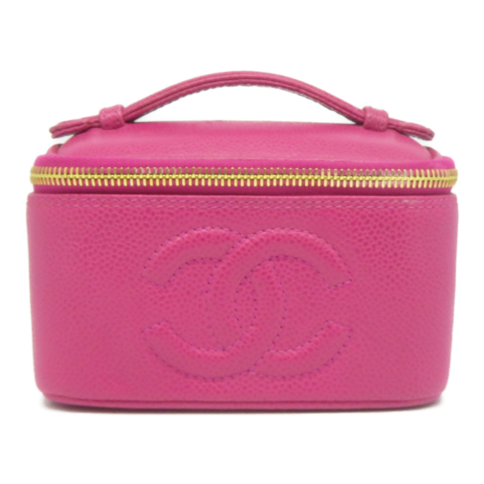 CHANEL Caviar皮革Vintage Vanity Case金扣手挽袋粉紅色