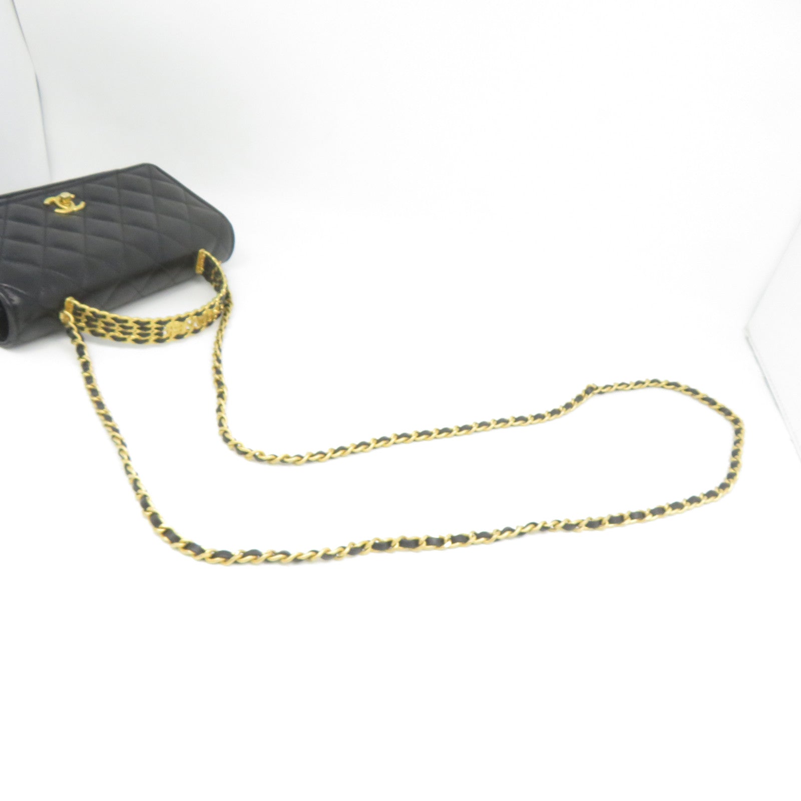 CHANEL 菱格羊皮皮革2 Way Chain Shoulder金扣鏈帶手挽肩背兩用袋黑色