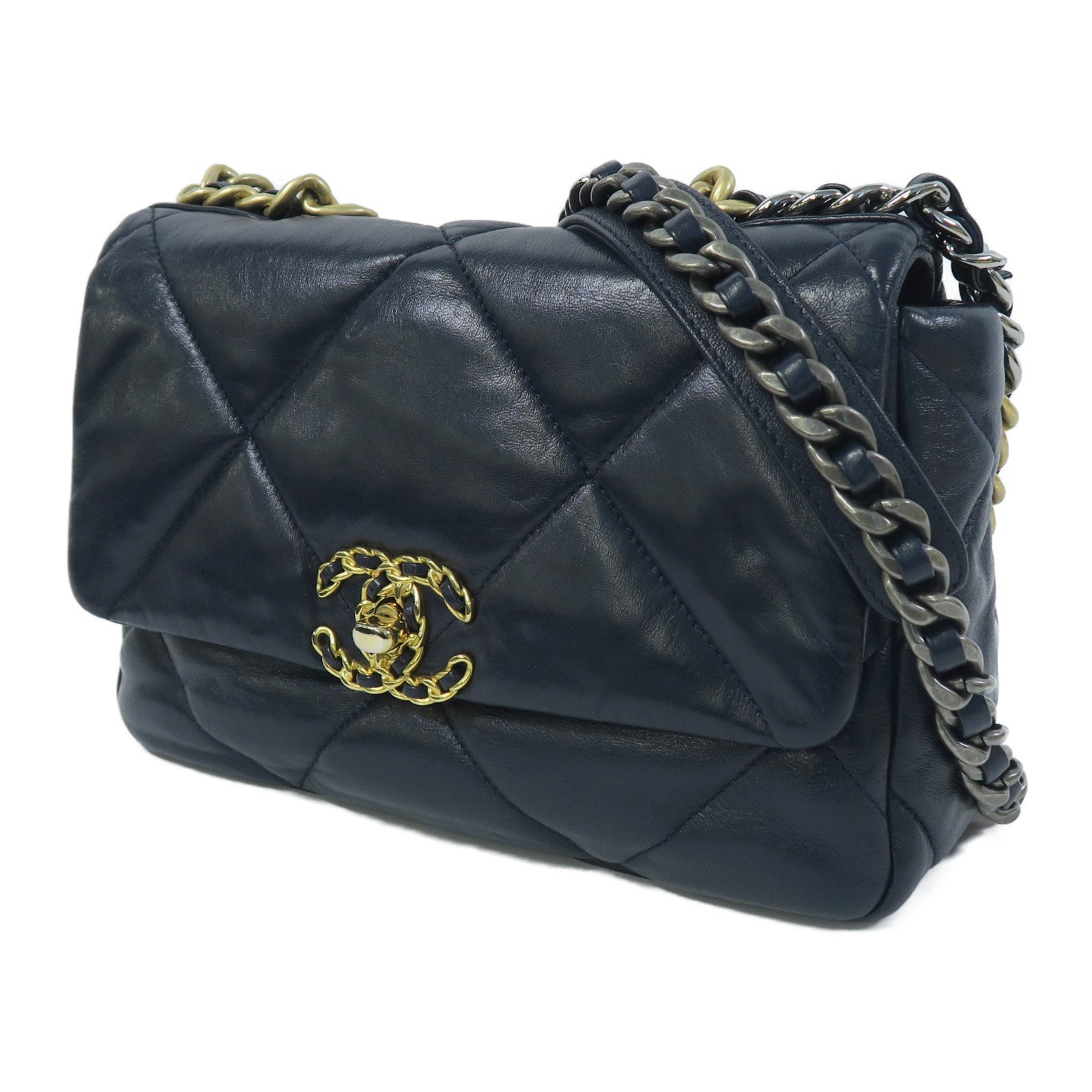 CHANEL 菱格皮革Chanel 19 Chain Shoulder金扣/銀扣鏈帶手挽肩背兩用袋深藍色 – Brand Off Hong ...