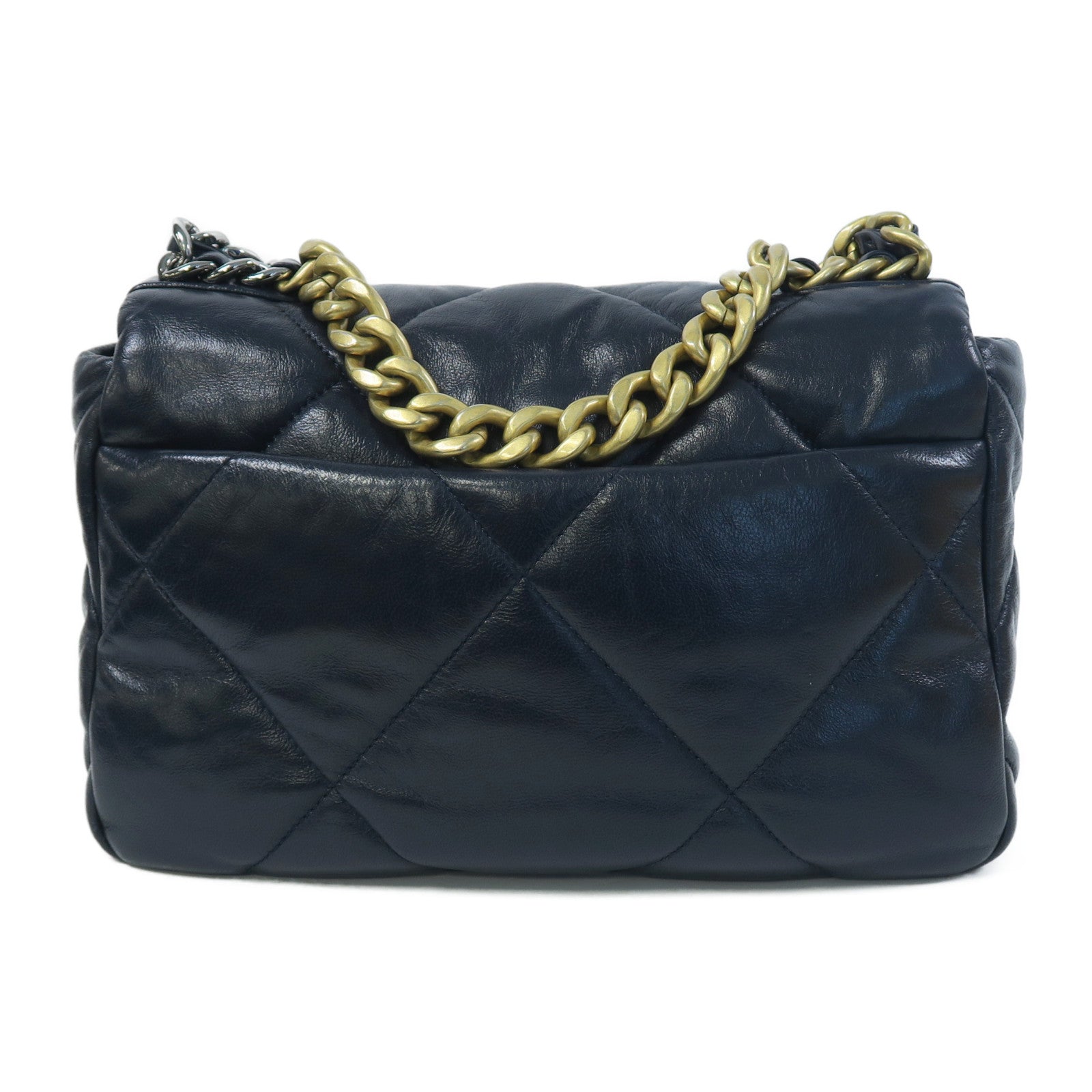 CHANEL 菱格皮革Chanel 19 Chain Shoulder金扣/銀扣鏈帶手挽肩背兩用袋深藍色