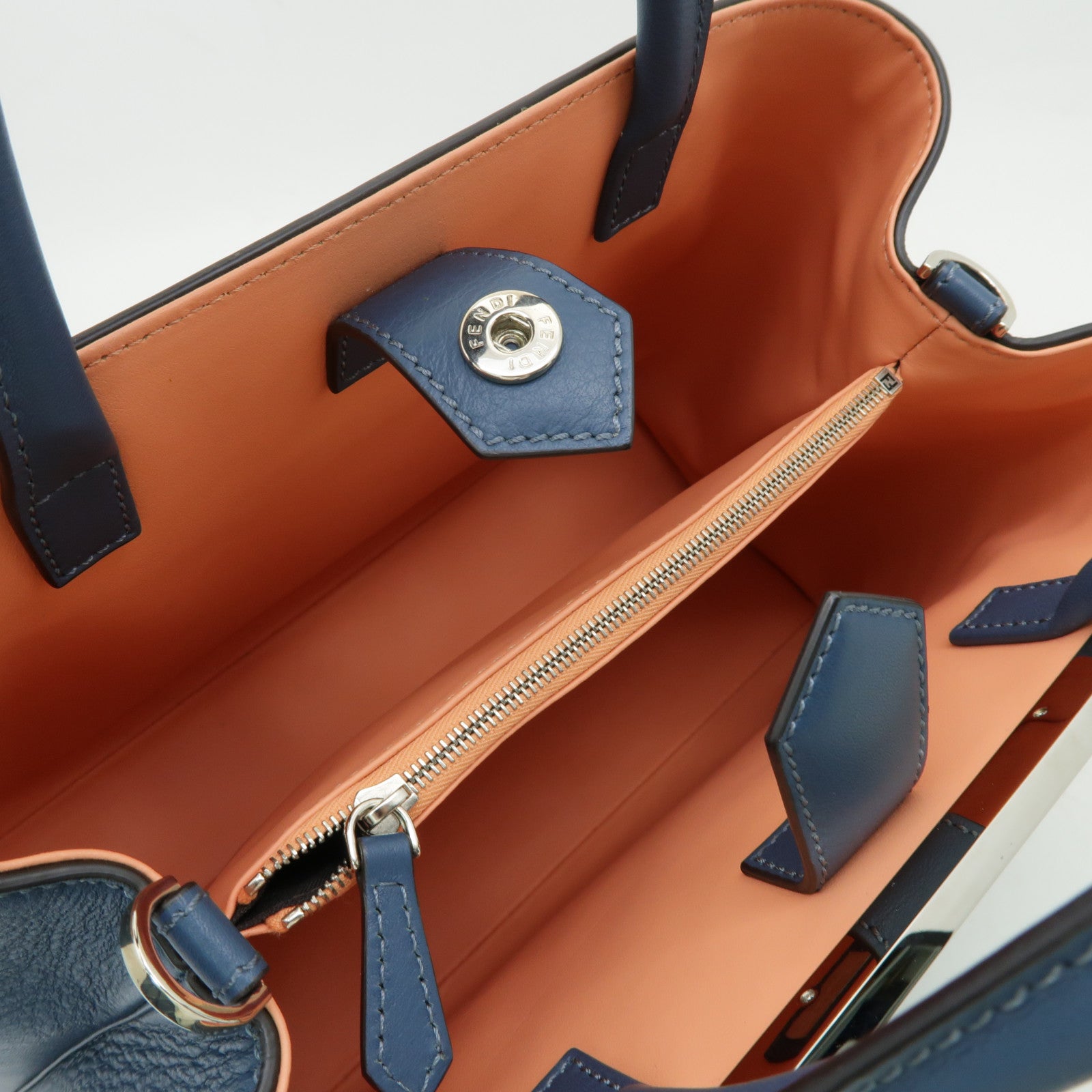 FENDI 牛皮皮革Shoulder Tote銀扣手挽肩背兩用袋藍色
