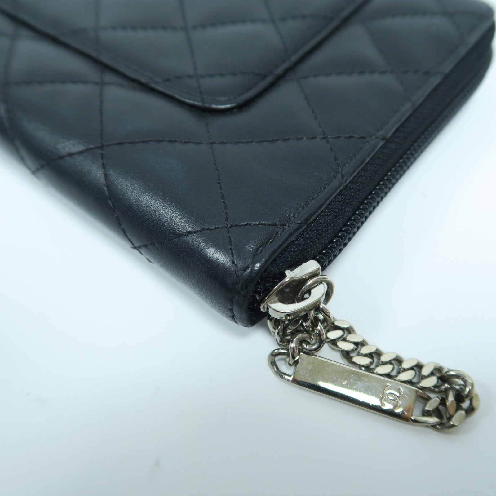 CHANEL 菱格牛皮皮革Travel Long Wallet銀扣長錢包黑色