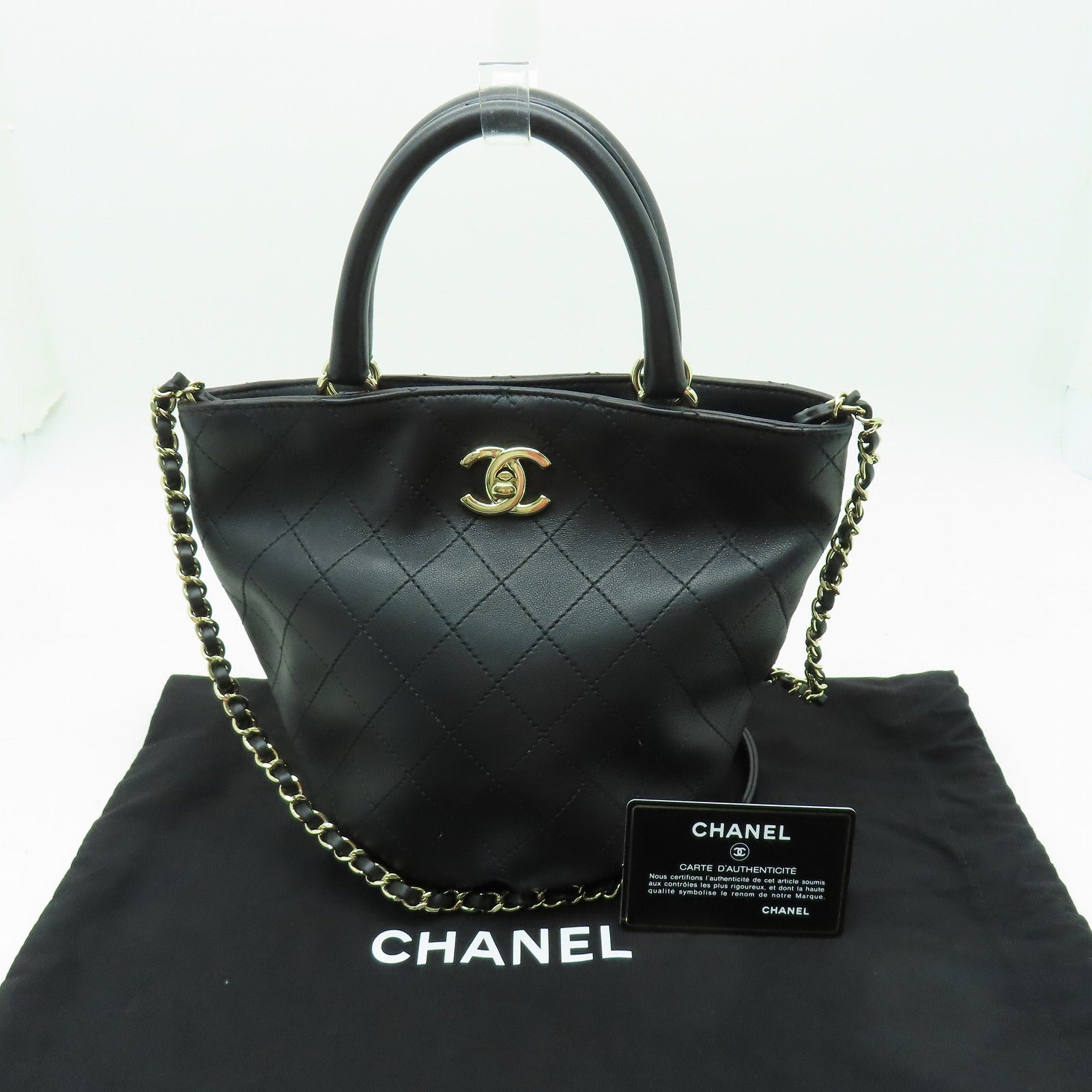 CHANEL 菱格牛皮皮革2way Shoulder Bag金扣手挽肩背兩用袋黒色