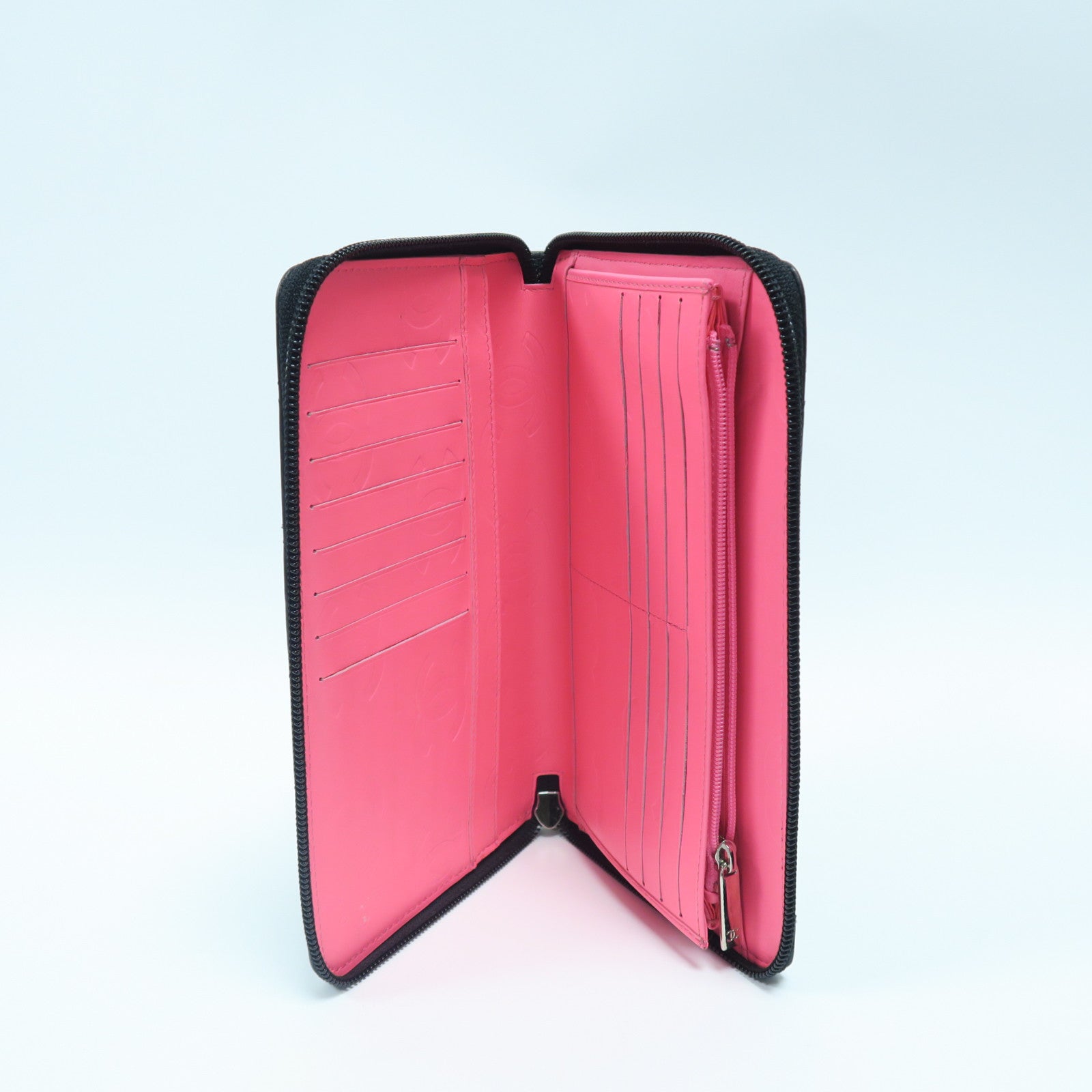 CHANEL 菱格牛皮皮革Travel Long Wallet銀扣長錢包黑色