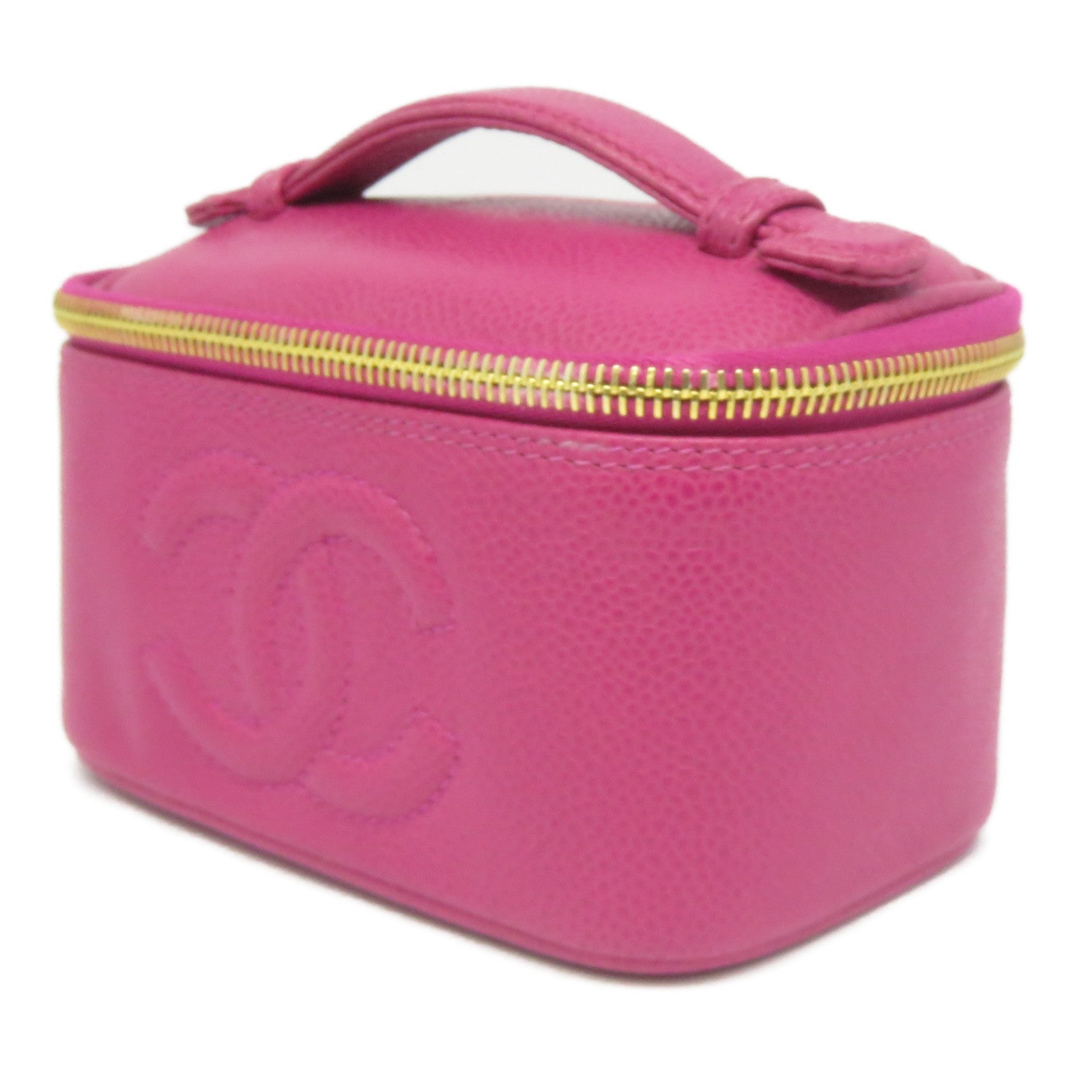 CHANEL Caviar皮革Vintage Vanity Case金扣手挽袋粉紅色