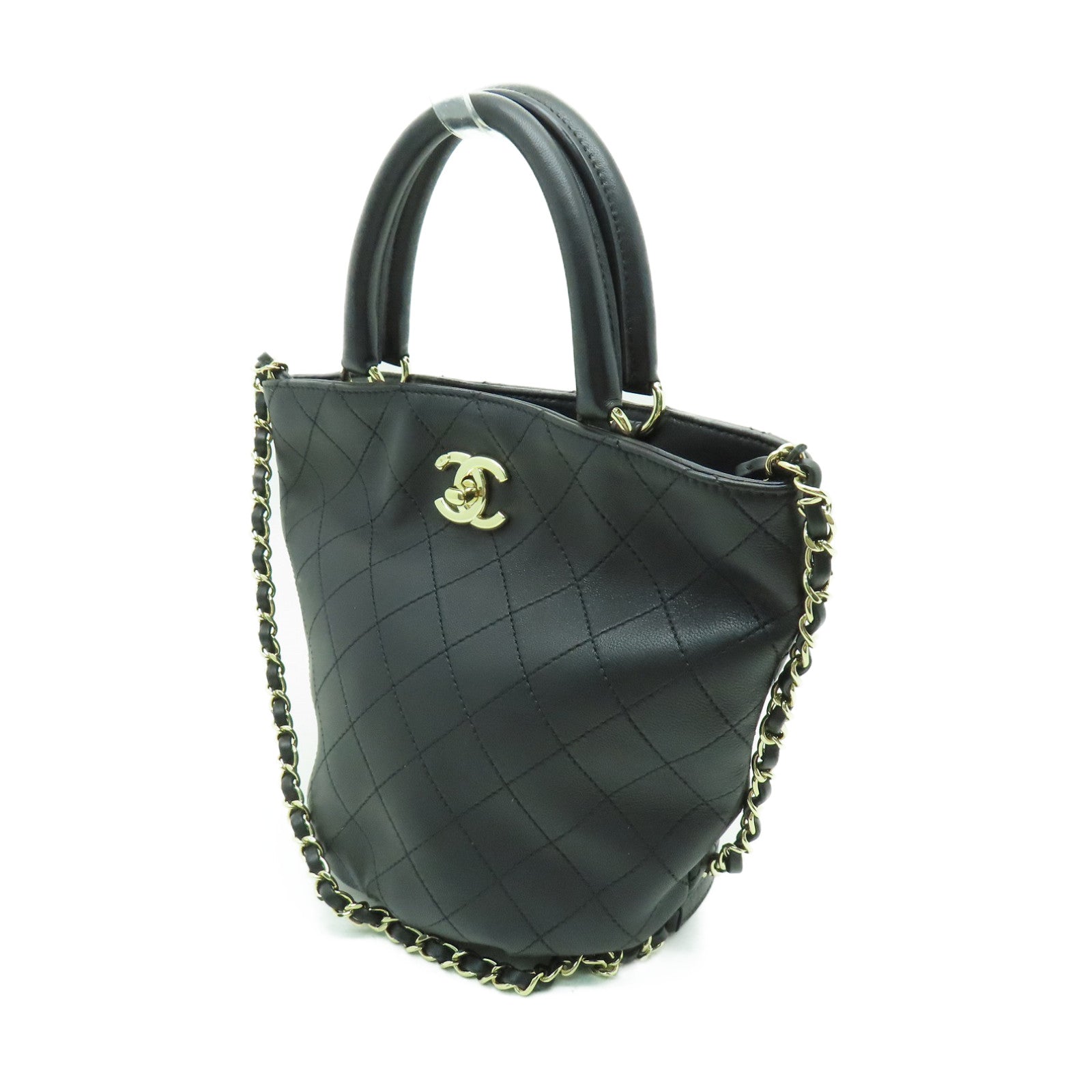 CHANEL 菱格牛皮皮革2way Shoulder Bag金扣手挽肩背兩用袋黒色