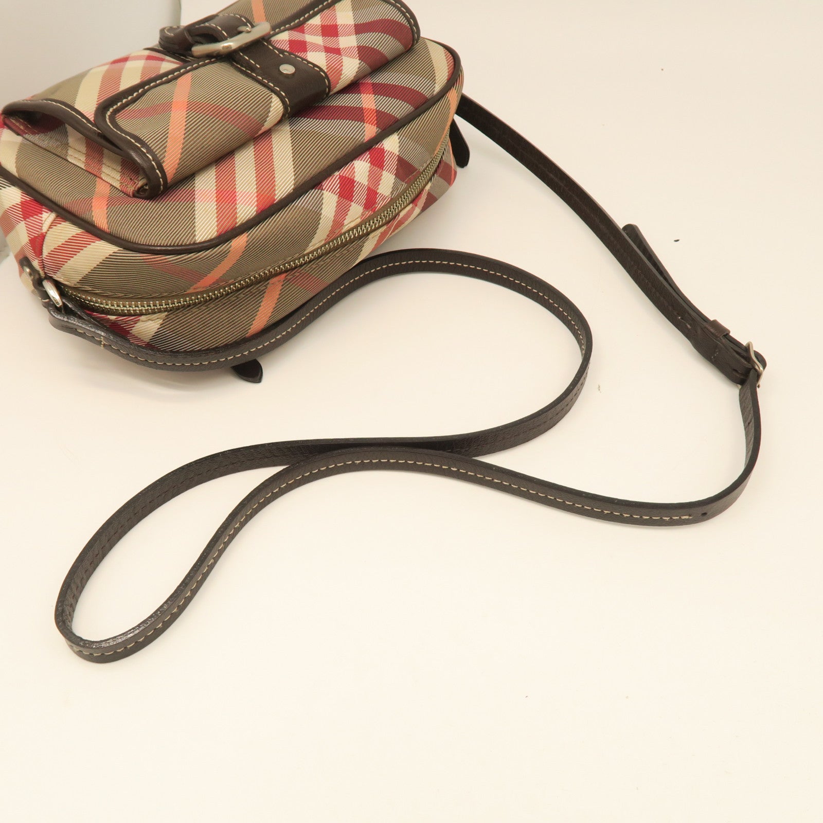 BURBERRY Canvas Shoulder Bag Silver Buckle Pink/Grey
