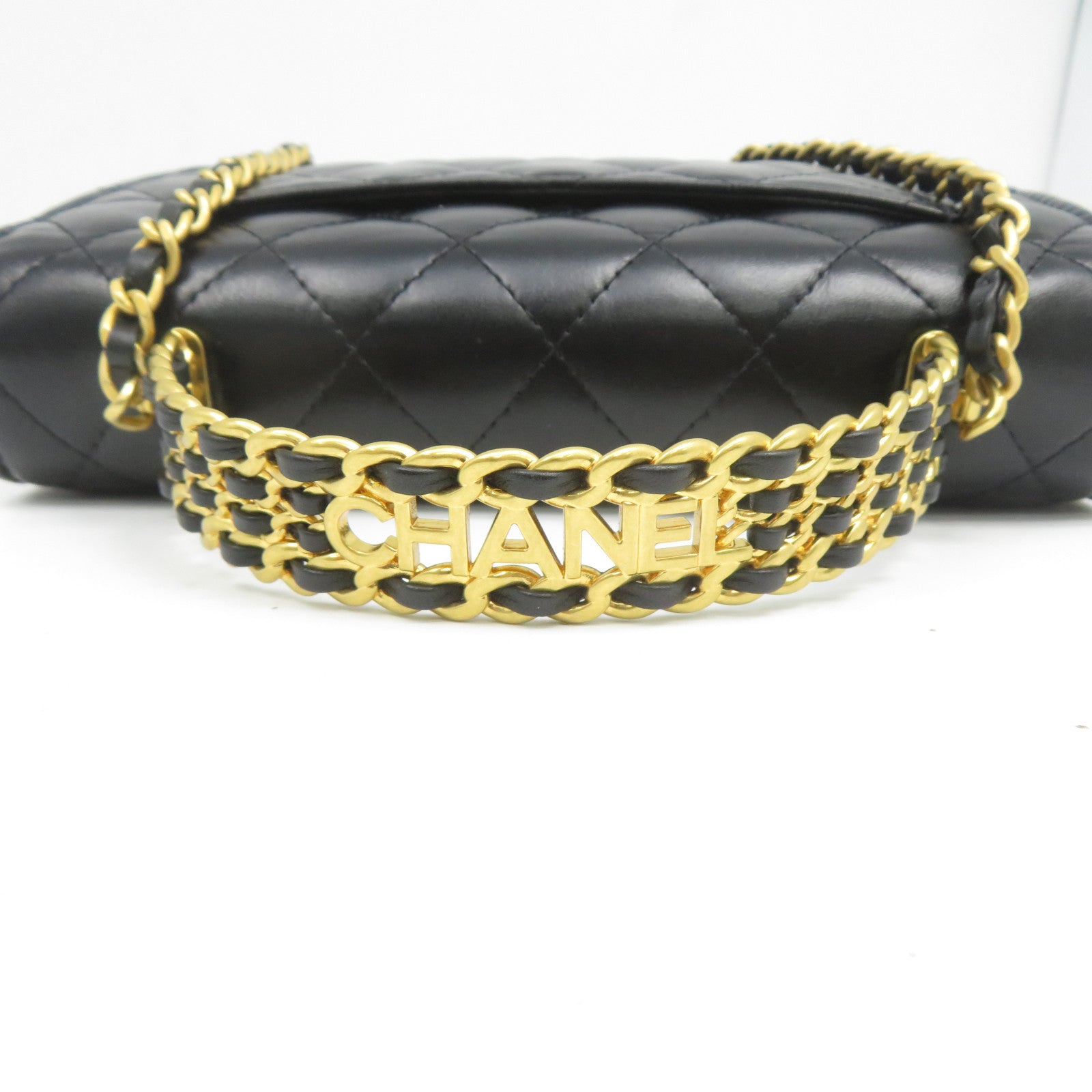 CHANEL 菱格羊皮皮革2 Way Chain Shoulder金扣鏈帶手挽肩背兩用袋黑色