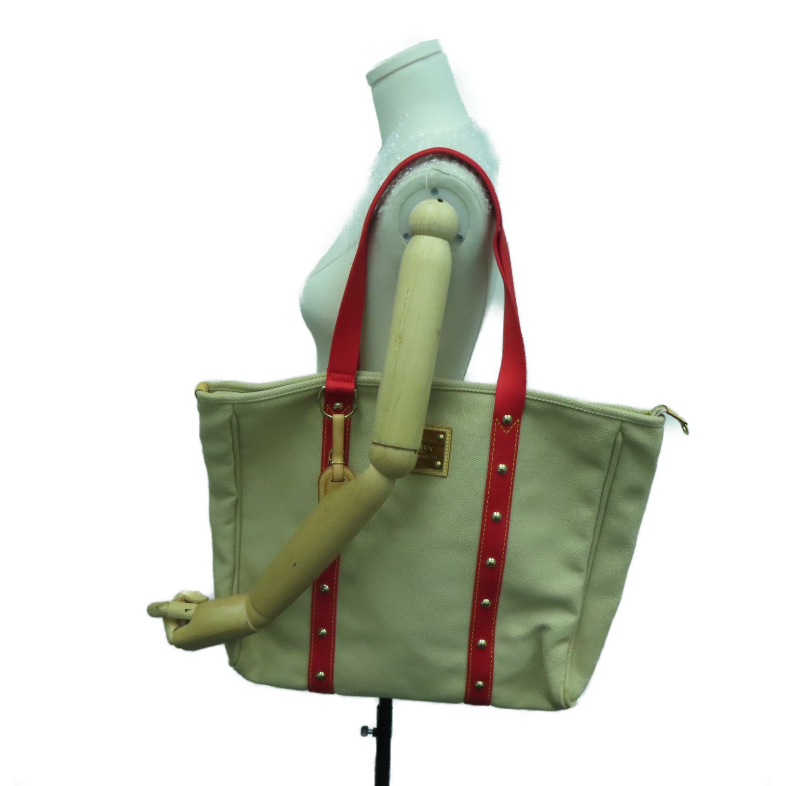 LOUIS VUITTON 帆布Cabas GM金扣手挽袋/肩背袋米色/紅色
