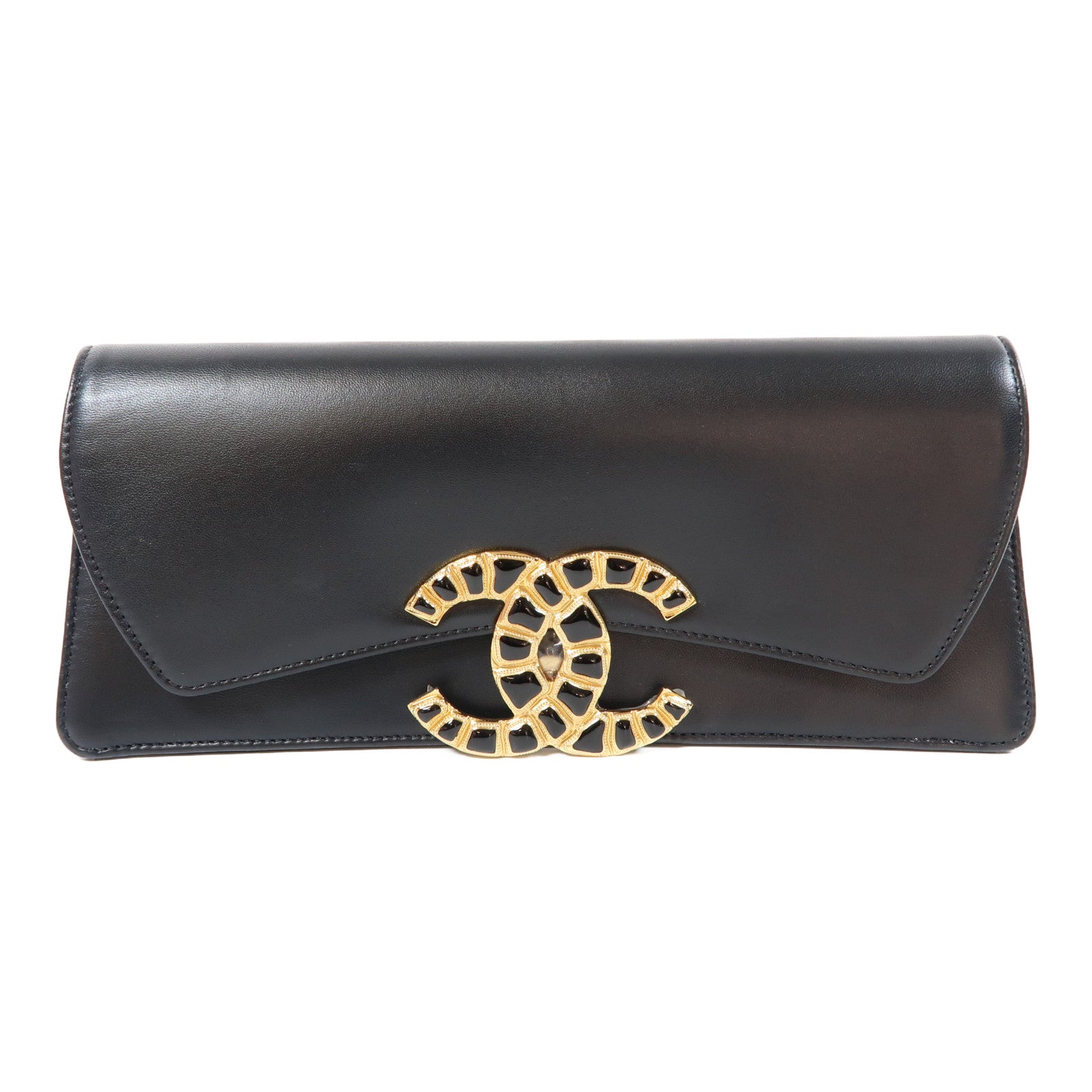 CHANEL 牛皮皮革Clutch金扣手拿包黑色