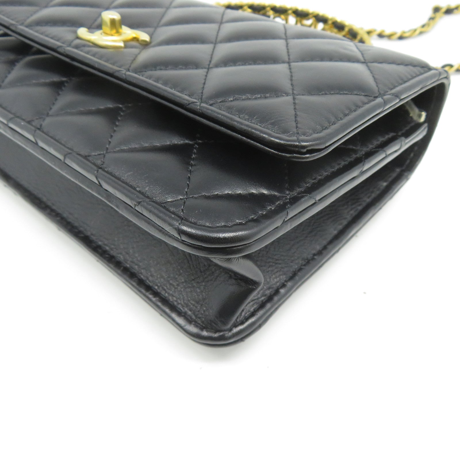 CHANEL 菱格羊皮皮革2 Way Chain Shoulder金扣鏈帶手挽肩背兩用袋黑色