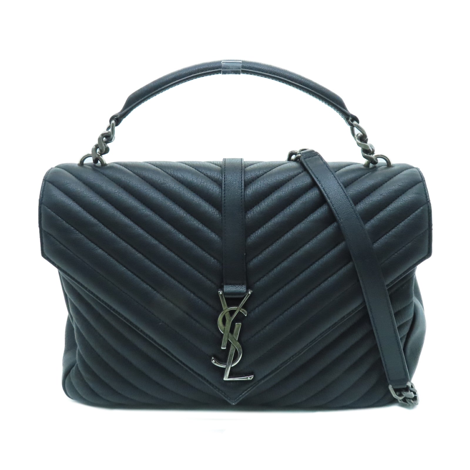 SAINT LAURENT Cowhide Leather 2way Shoulder Bag Silver Buckle Handle Shoulder Bag Black