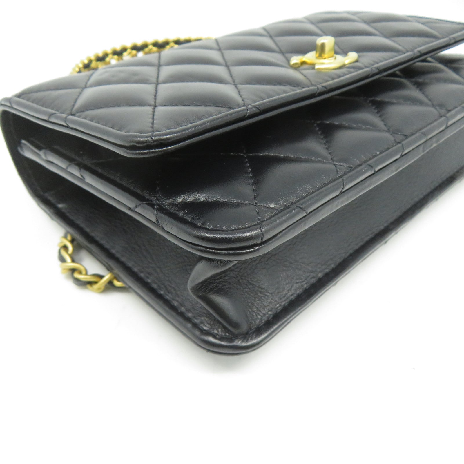 CHANEL 菱格羊皮皮革2 Way Chain Shoulder金扣鏈帶手挽肩背兩用袋黑色