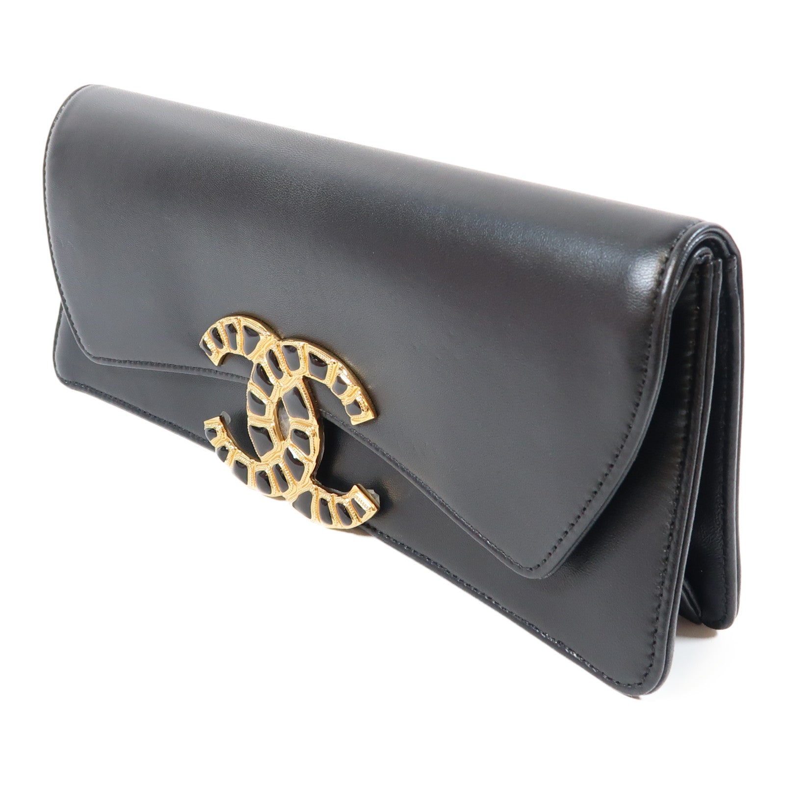 CHANEL 牛皮皮革Clutch金扣手拿包黑色