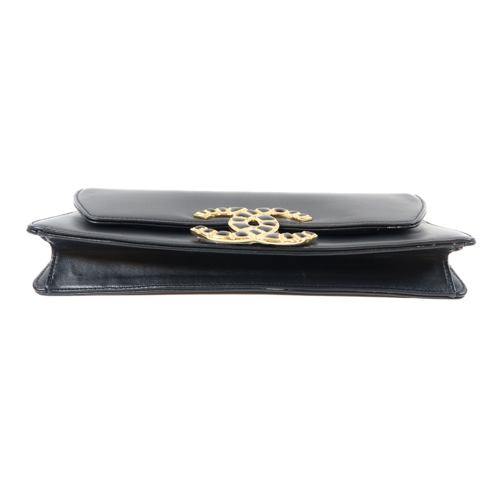 CHANEL 牛皮皮革Clutch金扣手拿包黑色