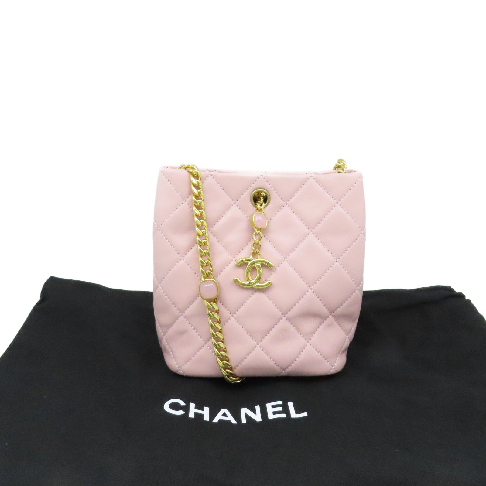 CHANEL 菱格牛皮皮革Chain Shoulder Bag金扣鏈帶肩背袋粉紅色