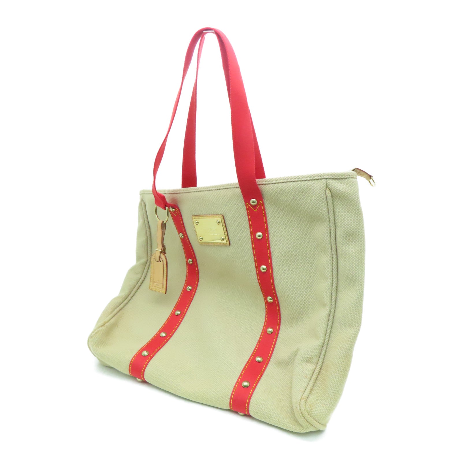 LOUIS VUITTON 帆布Cabas GM金扣手挽袋/肩背袋米色/紅色