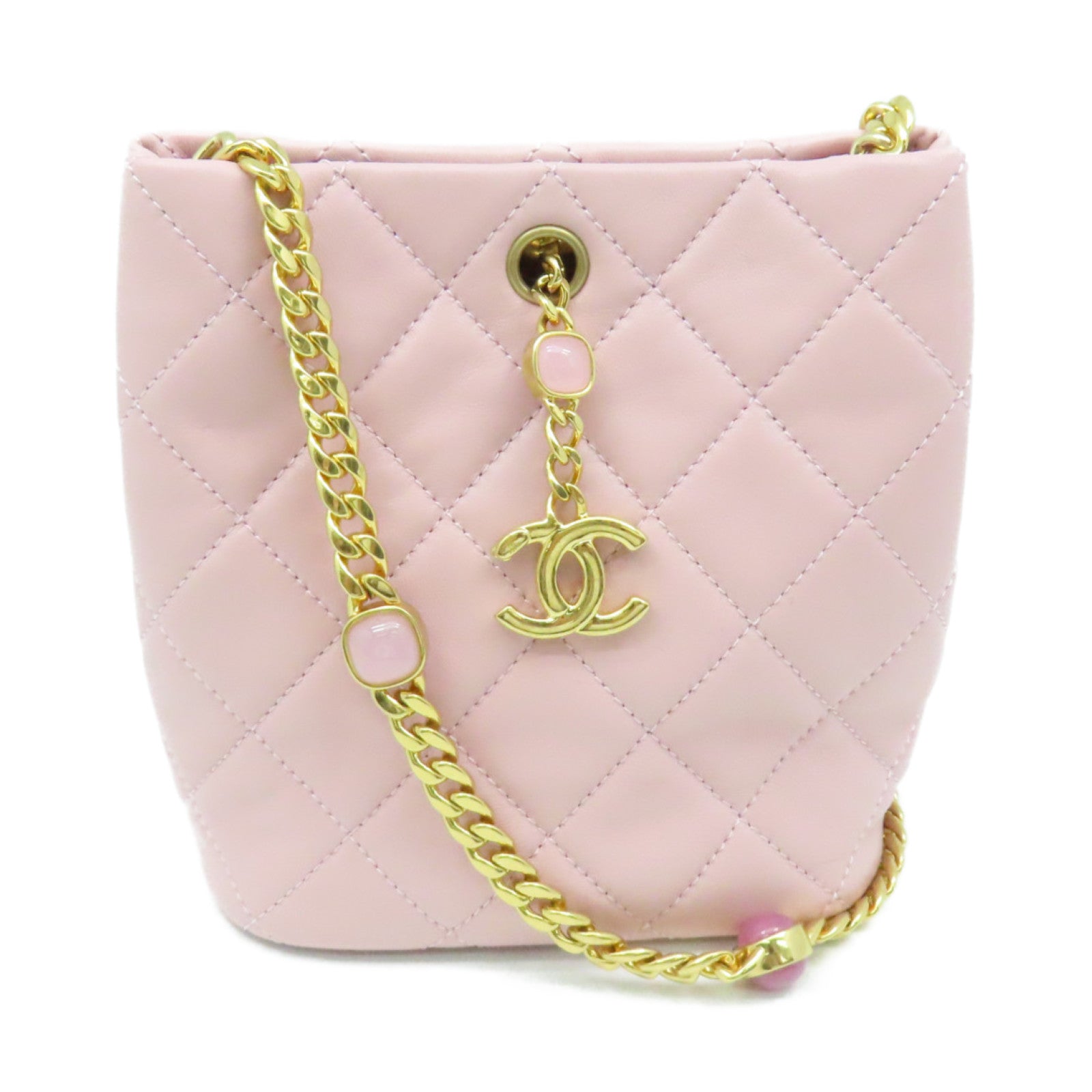 CHANEL 菱格牛皮皮革Chain Shoulder Bag金扣鏈帶肩背袋粉紅色