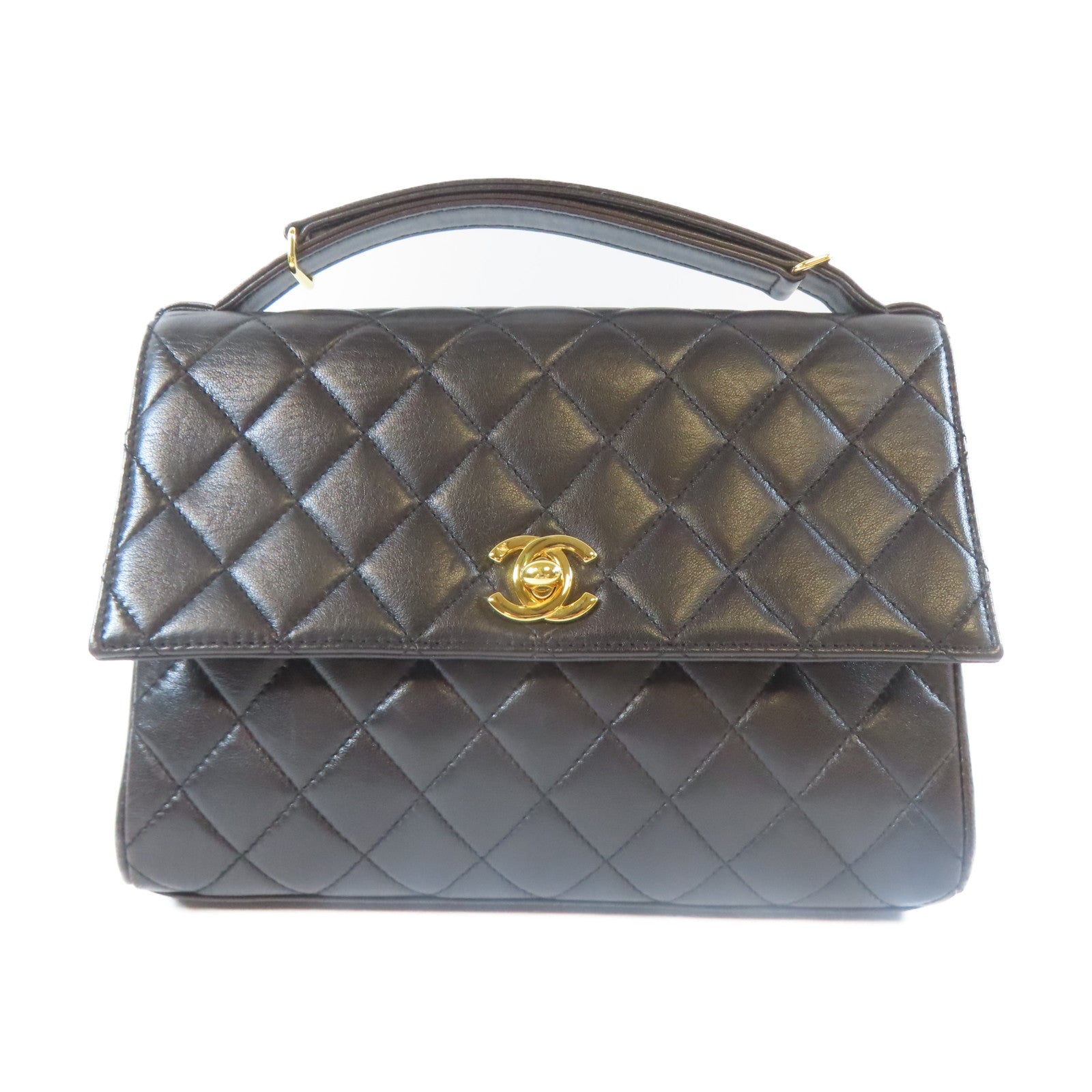 CHANEL 菱格羊皮皮革Handbag金扣手挽袋黑色