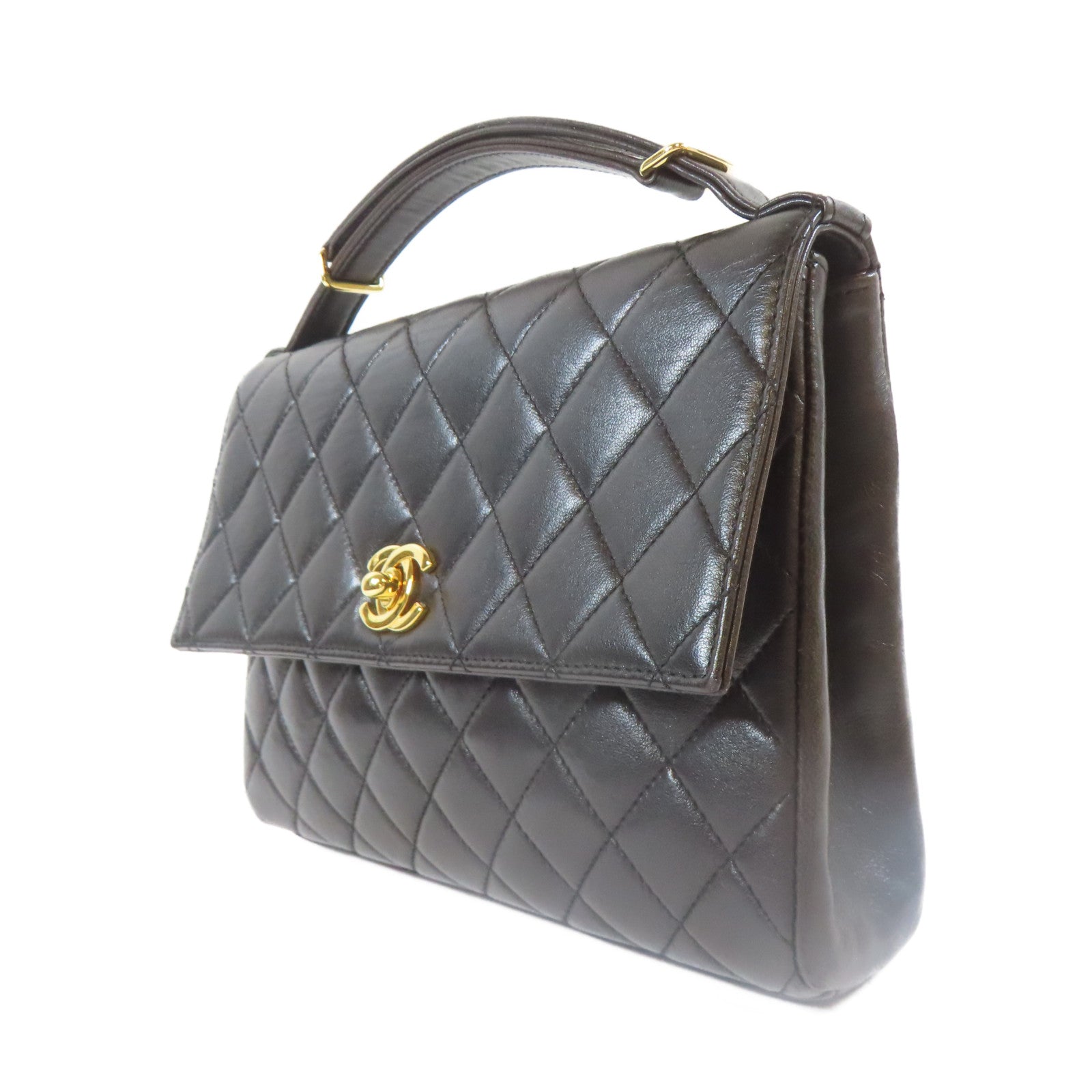 CHANEL 菱格羊皮皮革Handbag金扣手挽袋黑色