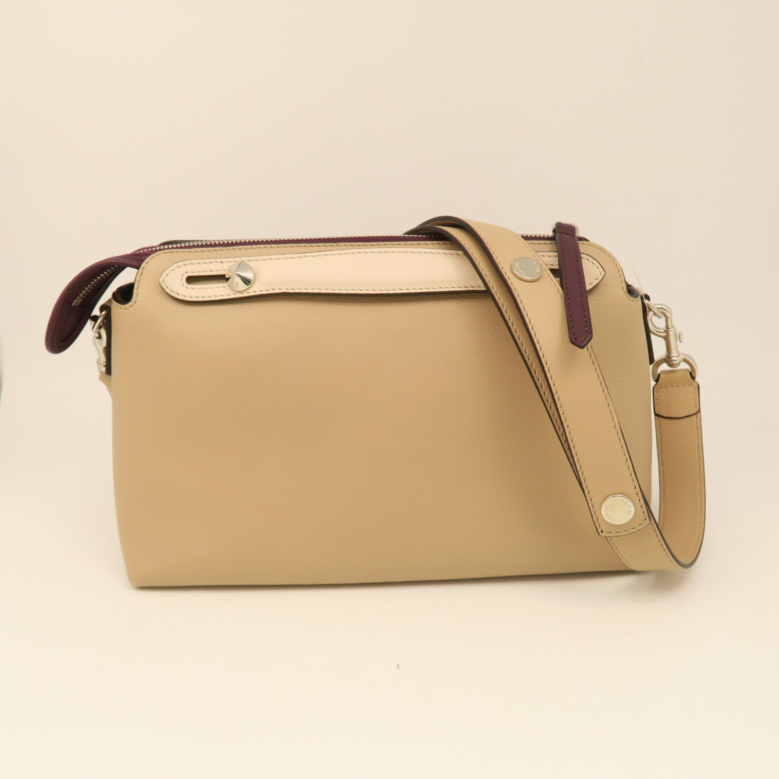 FENDI Cowhide Leather By The Way Medium Shoulder Bag Silver Buckle Beige