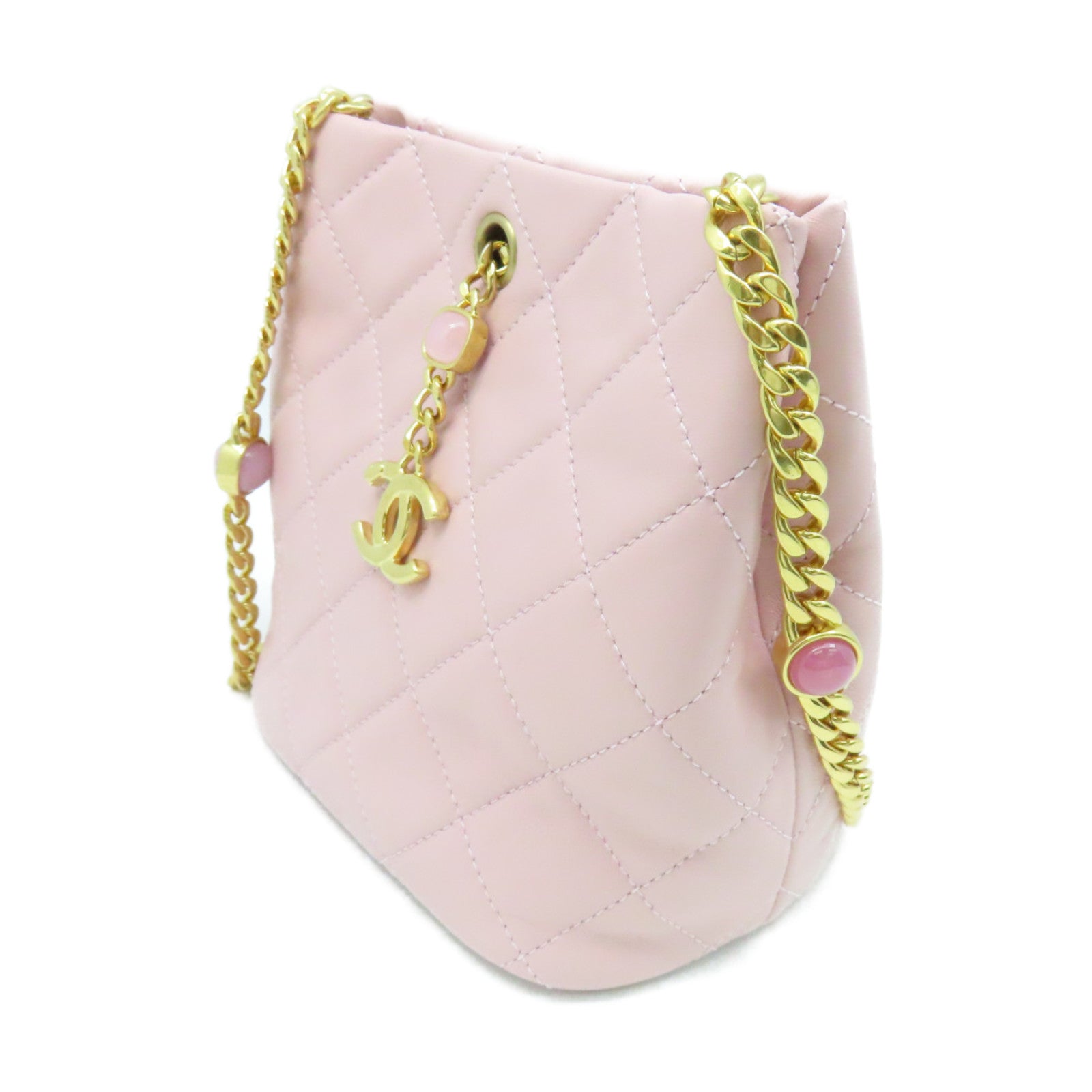 CHANEL 菱格牛皮皮革Chain Shoulder Bag金扣鏈帶肩背袋粉紅色