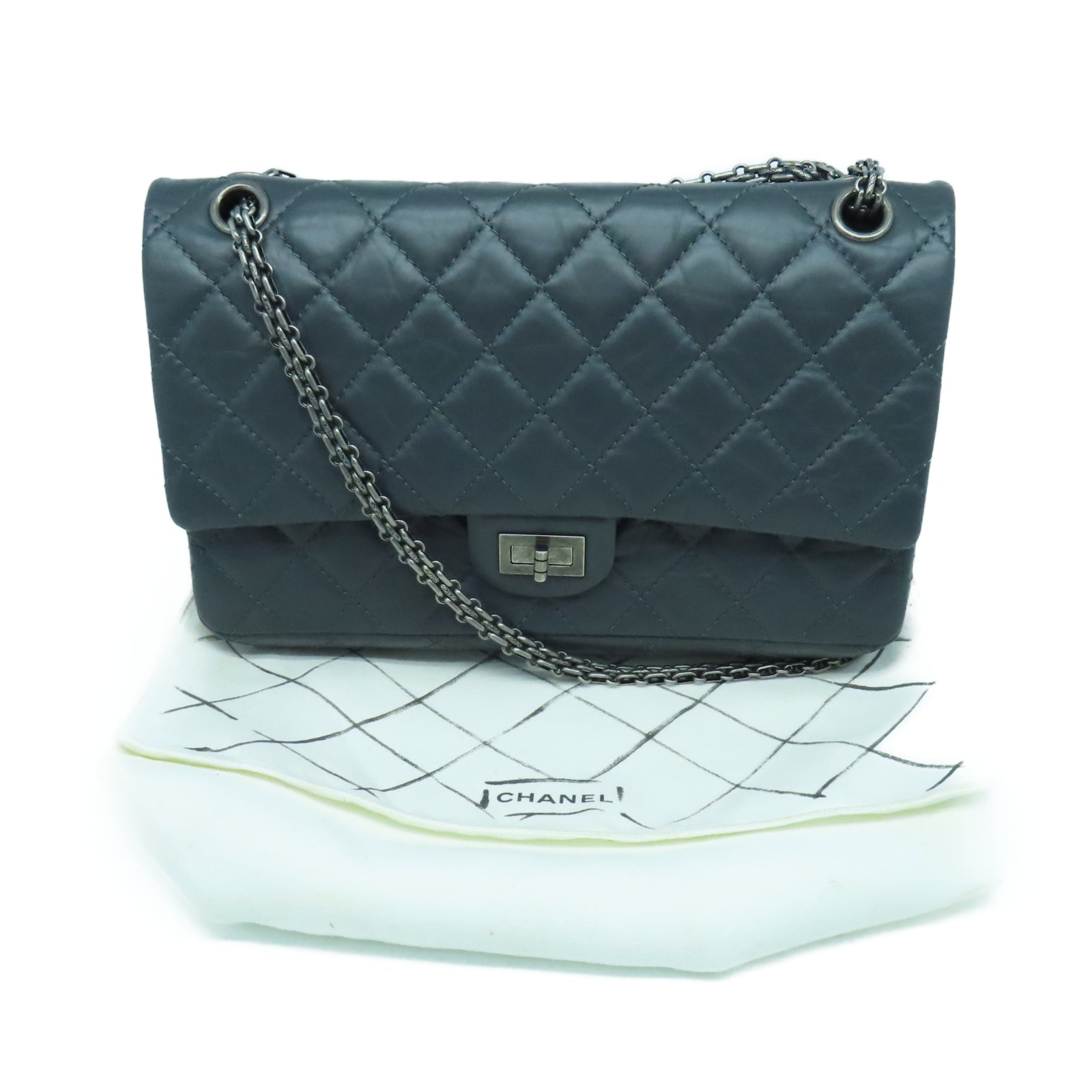 CHANEL rhombic cowhide leather 2.55 Chain Shoulder silver buckle chain shoulder bag gray