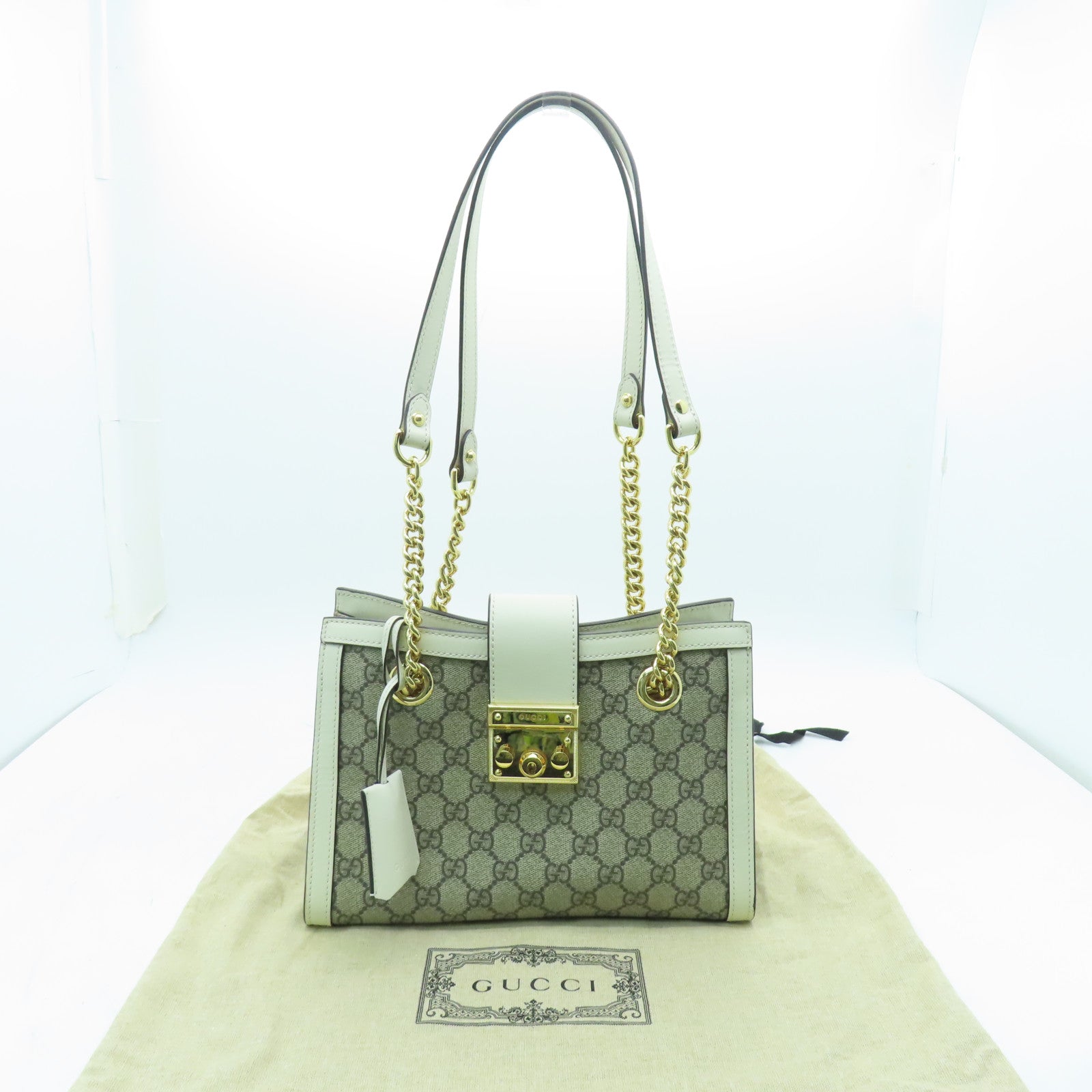 GUCCI Coated Canvas Padlock GG Small Gold Buckle Chain Shoulder Bag White/Brown