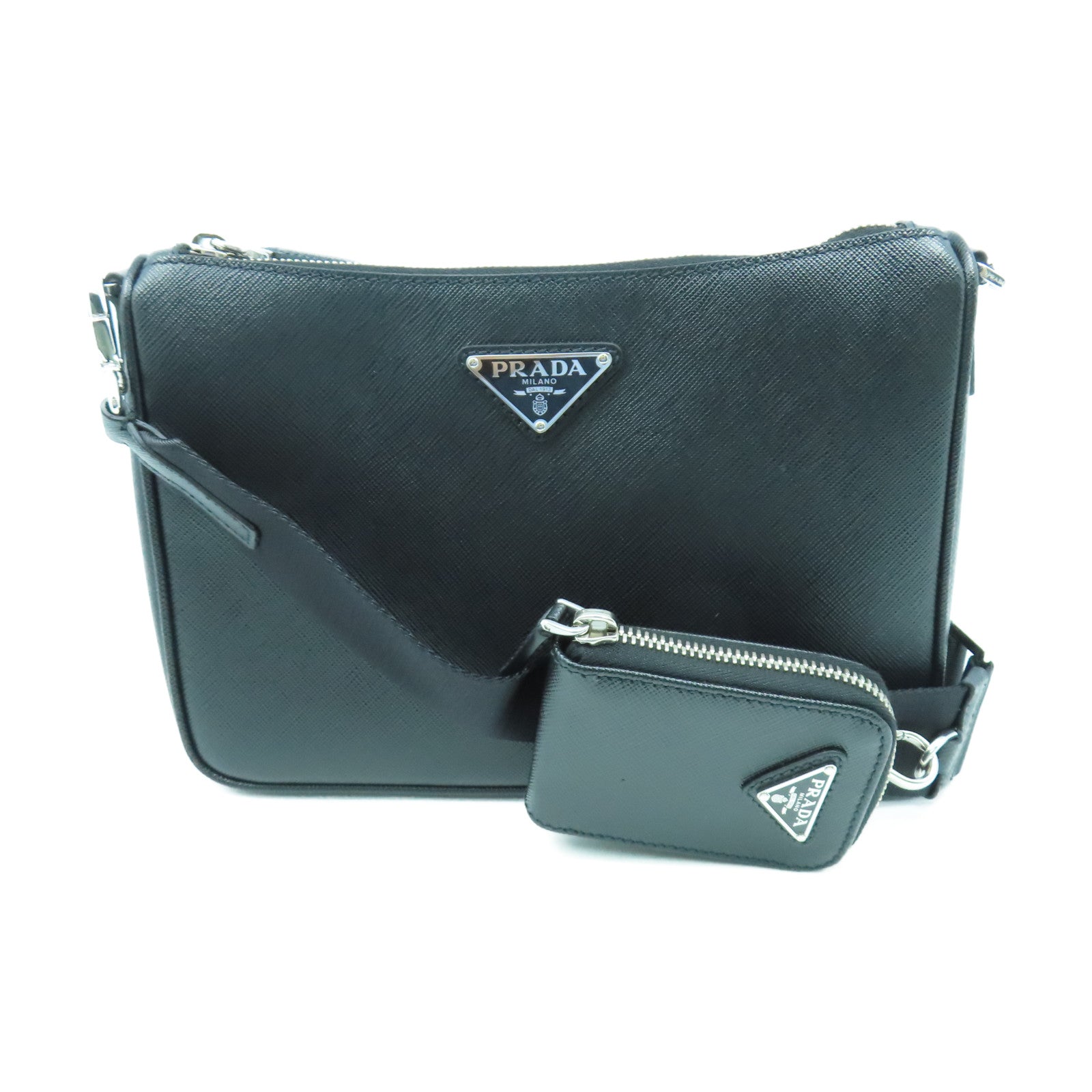 PRADA 牛皮皮革Shoulder Bag銀扣肩背袋黑色
