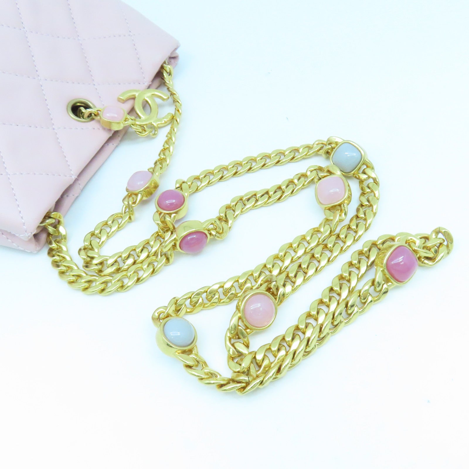 CHANEL 菱格牛皮皮革Chain Shoulder Bag金扣鏈帶肩背袋粉紅色