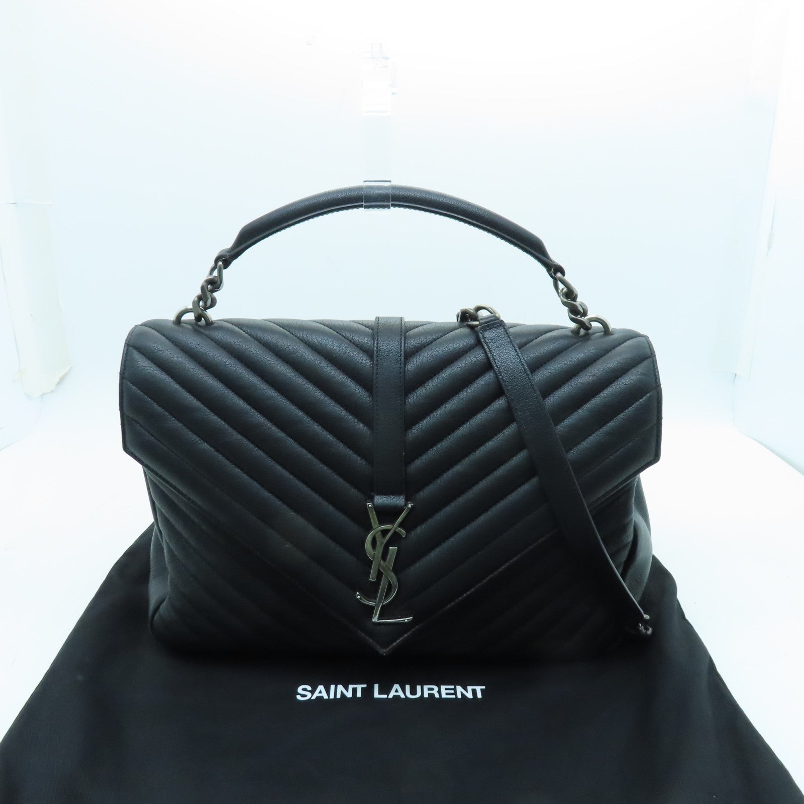 SAINT LAURENT Cowhide Leather 2way Shoulder Bag Silver Buckle Handle Shoulder Bag Black