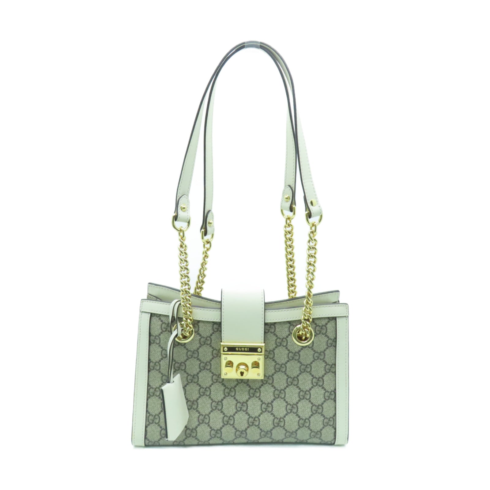 GUCCI Coated Canvas Padlock GG Small Gold Buckle Chain Shoulder Bag White/Brown